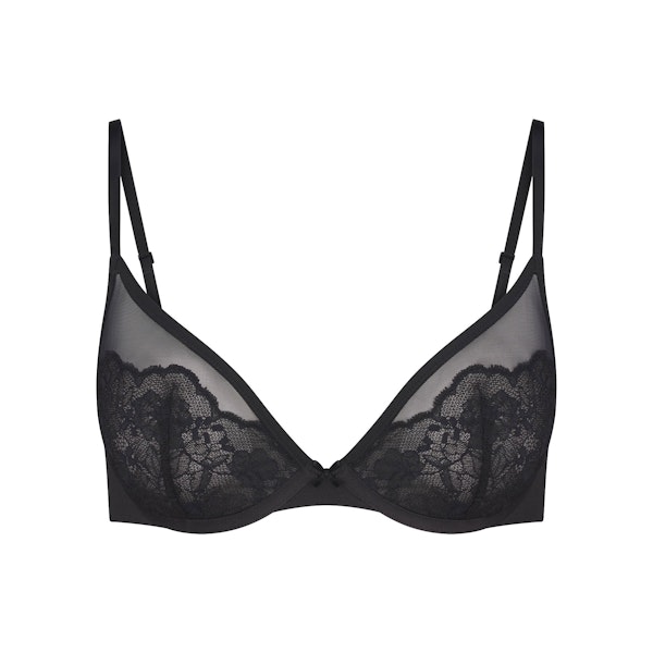 SKIMS LACE UNLINED DEMI BRA | ONYX FLAT ON A WHITE BACKGROUND | FLT