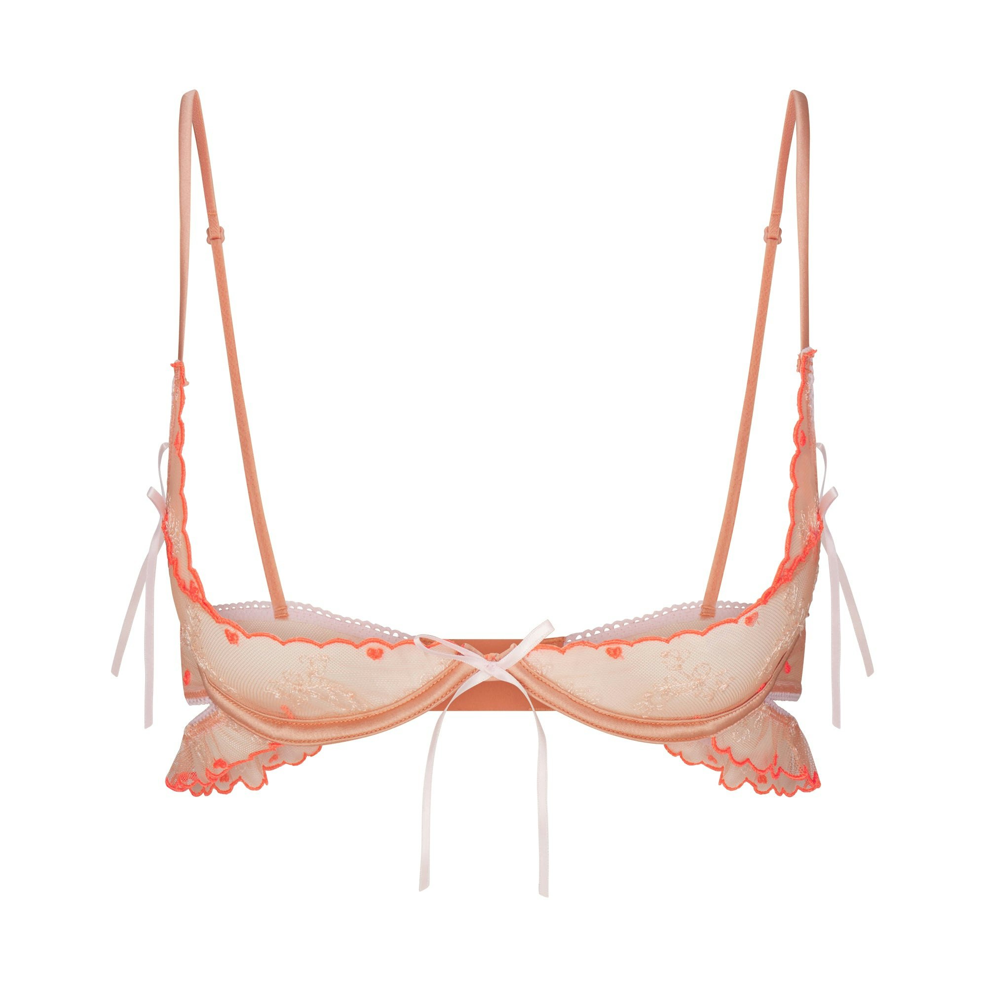 EMBROIDERED TULLE SKIMPY BRA | GUAVA HEART TULLE LAYS FLAT ON A WHITE BACKGROUND | FLT 