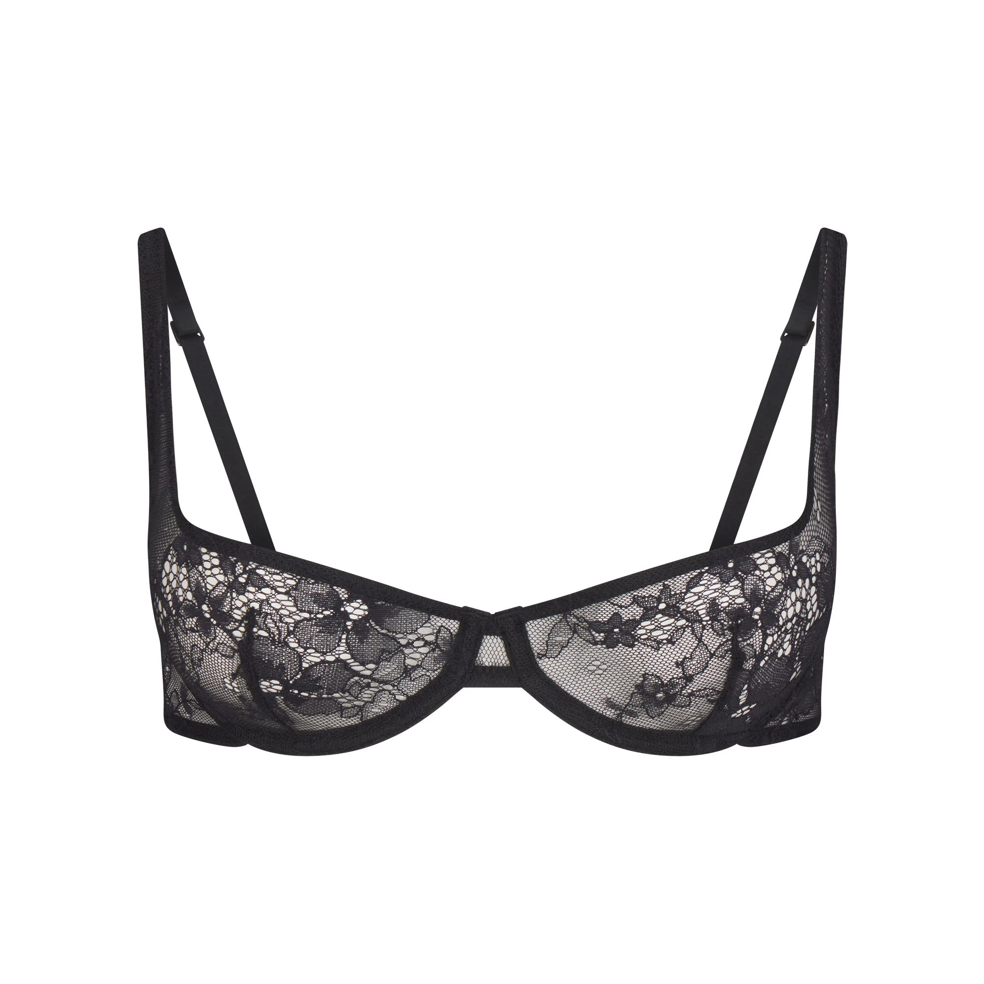 ULTRA FINE LACE SKIMPY SCOOP BRA | ONYX (SCOOP BRAS) FLAT ON A WHITE BACKGROUND | FLT