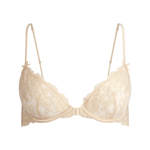 EMBROIDERED LINGERIE FRONT CLOSE UNLINED BRA | CHAMPAGNE FLAT ON A WHITE BACKGROUND | FLT @ | FOCUS: 0.9, 0.1, 0.7