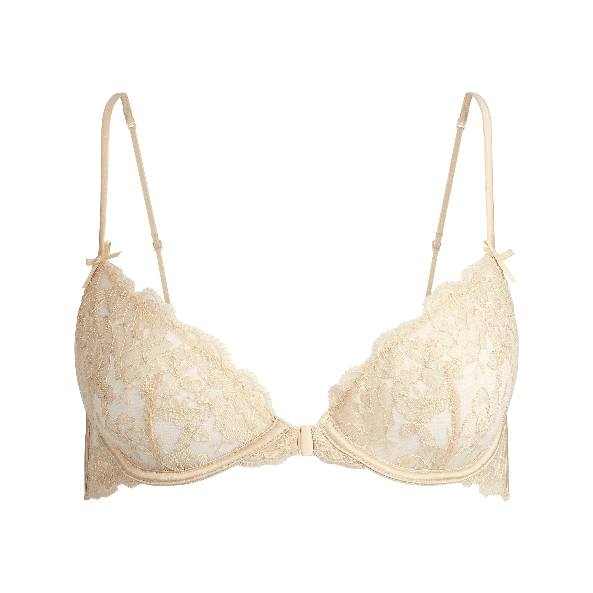 EMBROIDERED LINGERIE FRONT CLOSE UNLINED BRA | CHAMPAGNE FLAT ON A WHITE BACKGROUND