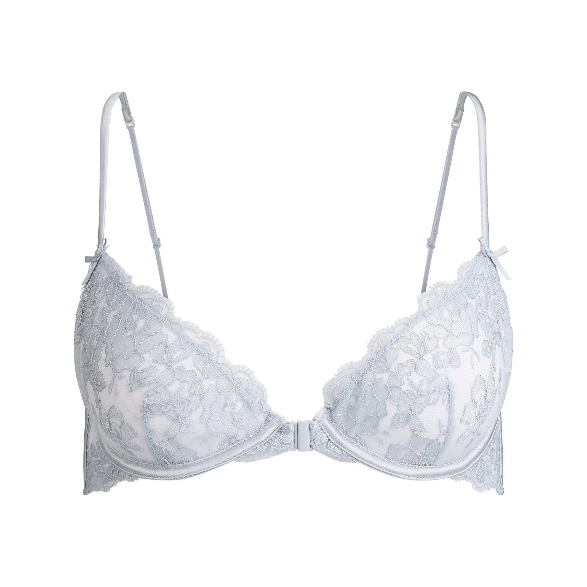 EMBROIDERED LINGERIE FRONT CLOSE UNLINED BRA | PEARL FLAT ON A WHITE BACKGROUND | FLT @ | FOCUS: 0.9, 0.1, 0.7