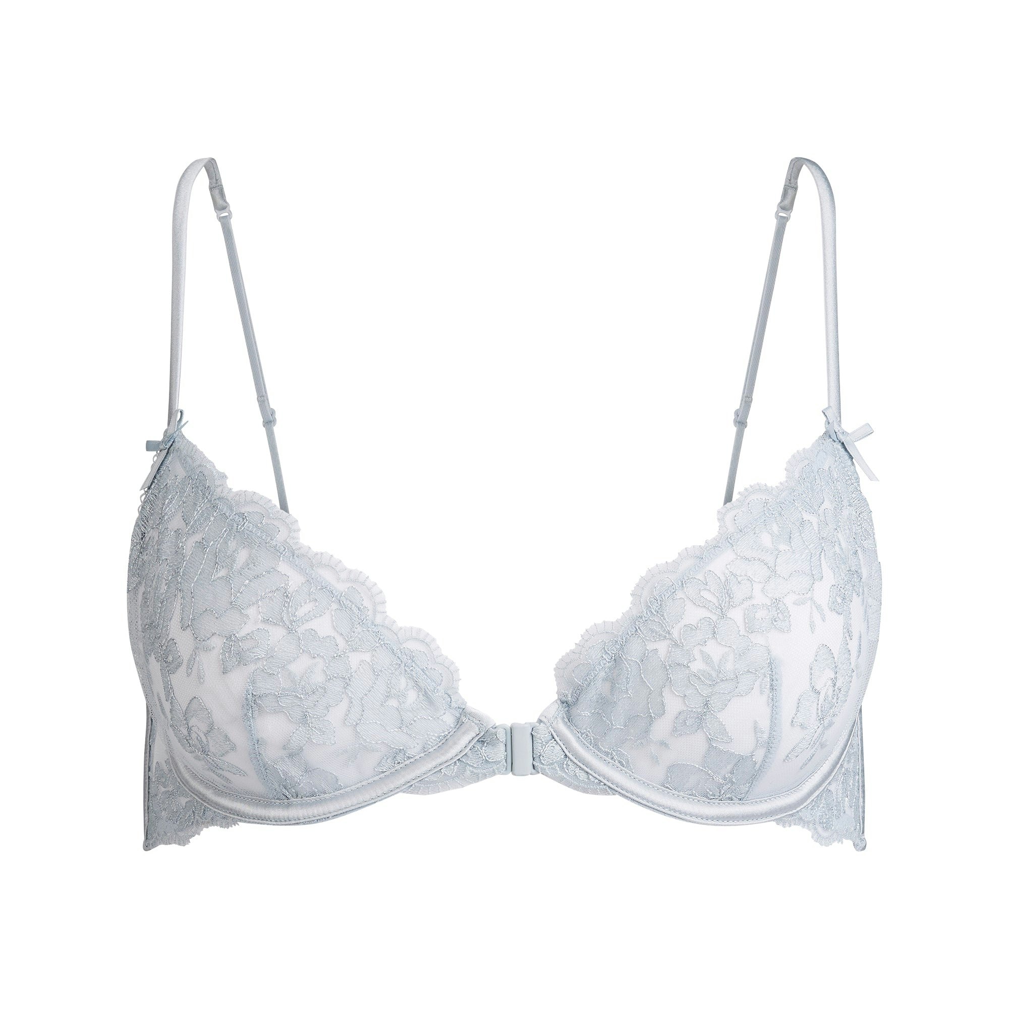 EMBROIDERED LINGERIE FRONT CLOSE UNLINED BRA | PEARL FLAT ON A WHITE BACKGROUND 
