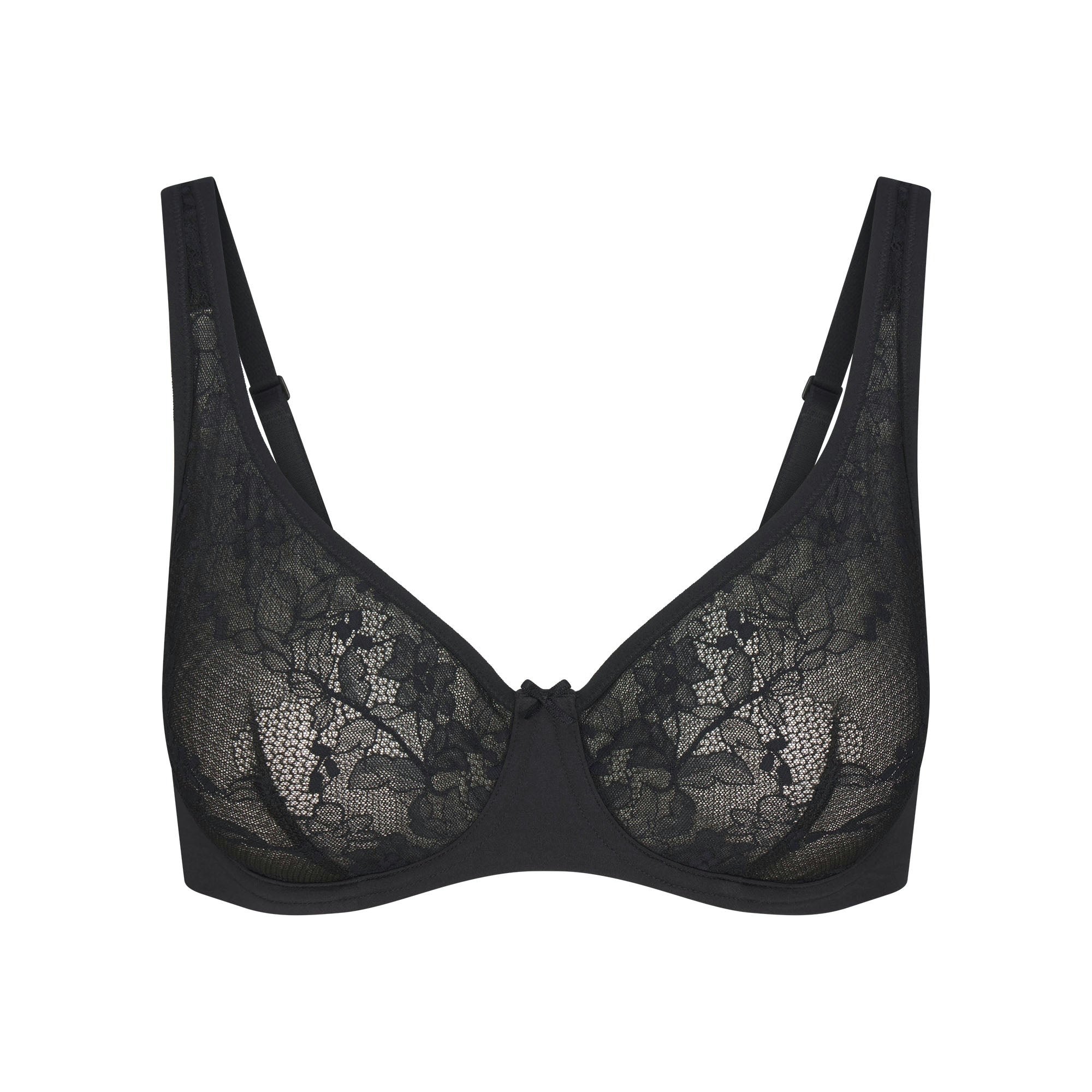 SKIMS LACE UNLINED MINIMIZER BRA | ONYX FLAT ON A WHITE BACKGROUND | FLT