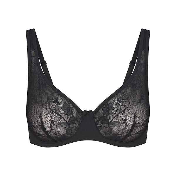 SKIMS LACE UNLINED MINIMIZER BRA | ONYX FLAT ON A WHITE BACKGROUND | FLT