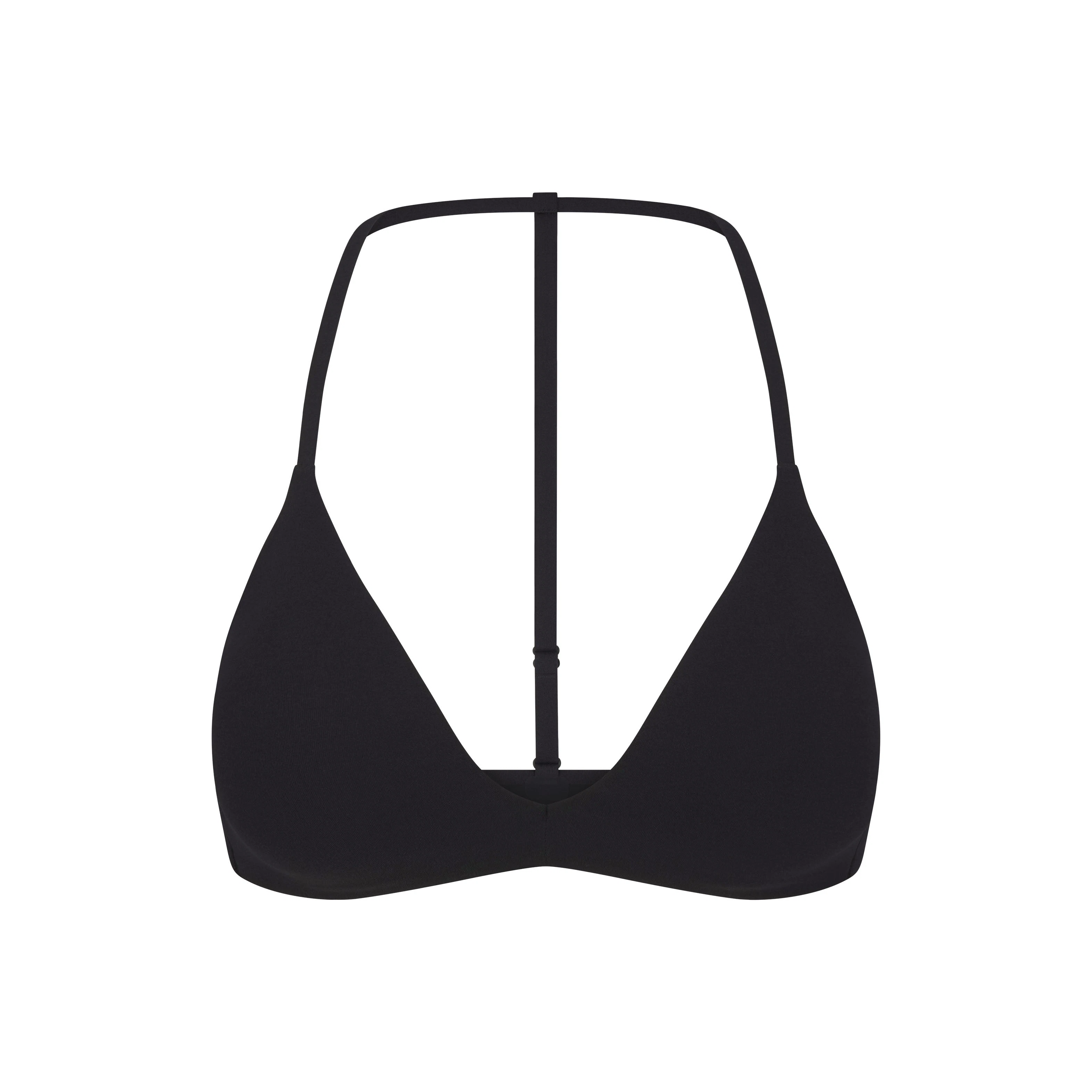 NikeSKIMS STUDIO STRETCH T-BACK TRIANGLE BRA | OBSIDIAN LAYS FLAT ON A WHITE BACKGROUND | FLT