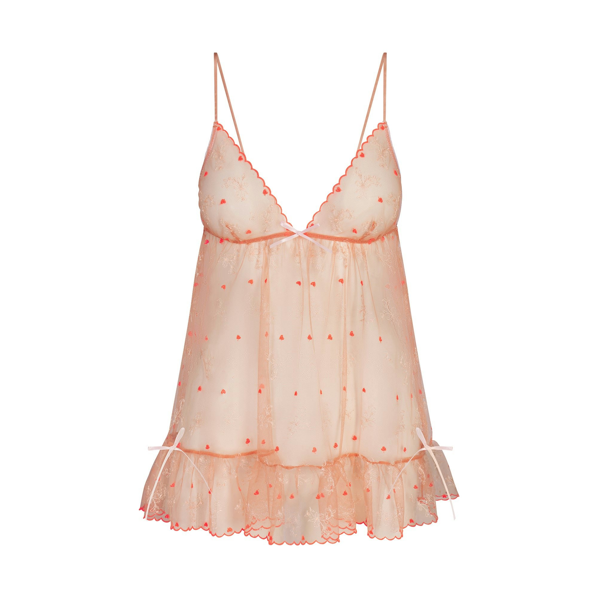 EMBROIDERED TULLE MINI SLIP DRESS AND TANGA SET | GUAVA HEART TULLE FLAT ON A WHITE BACKGROUND | FLT