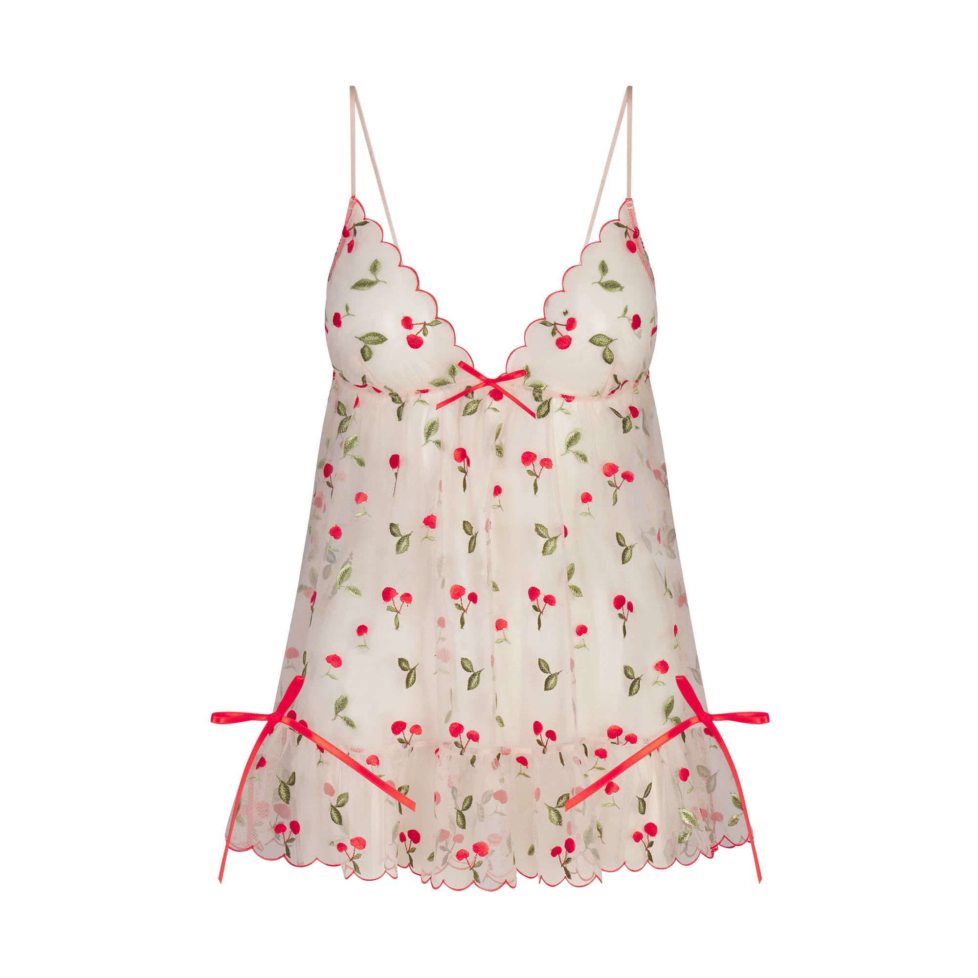 EMBROIDERED TULLE MINI SLIP DRESS AND TANGA SET | PRIMROSE CHERRY TULLE FLAT ON A WHITE BACKGROUND | FLT