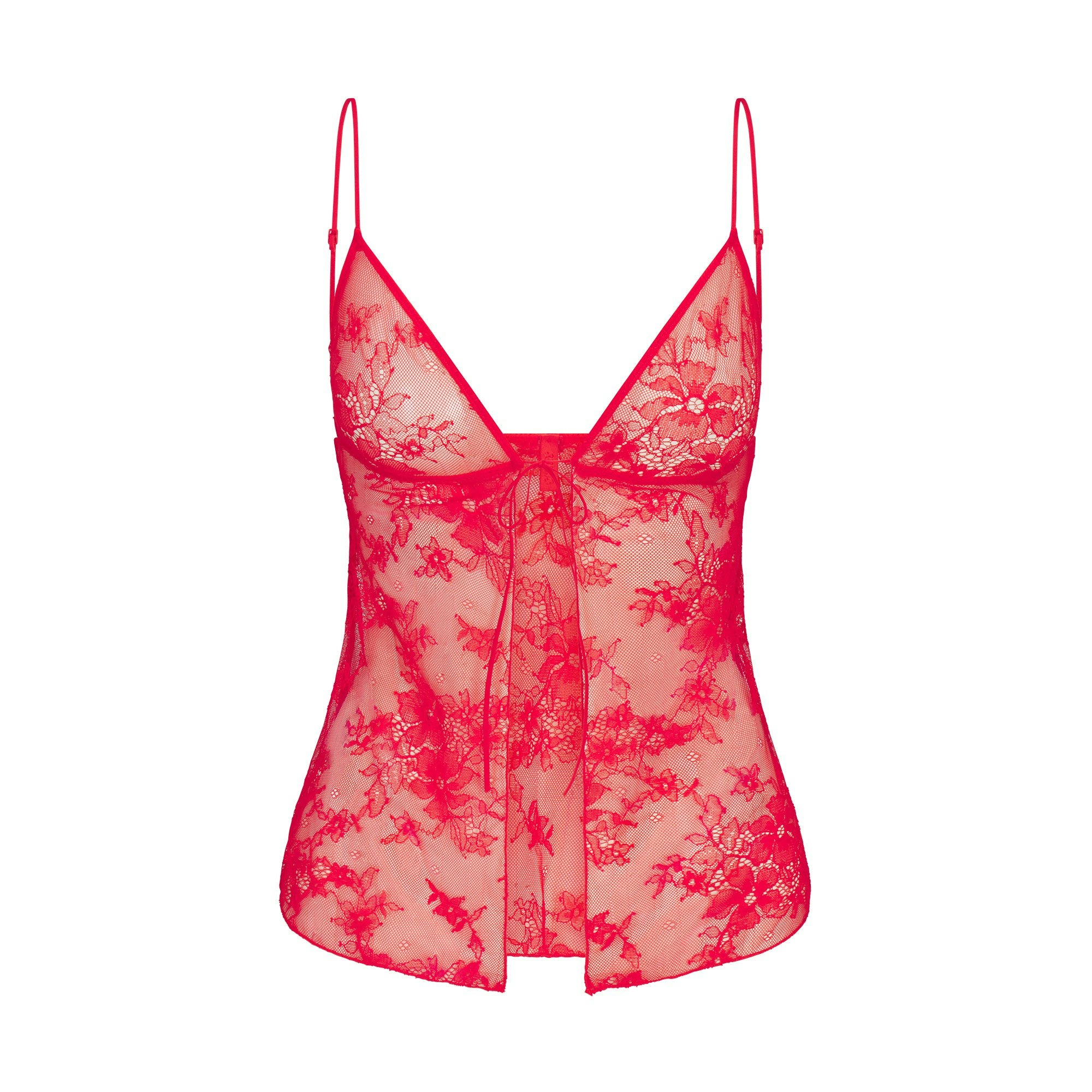 ULTRA FINE LACE OPEN FRONT CAMI | RUBY FLAT ON A WHITE BACKGROUND | FLT