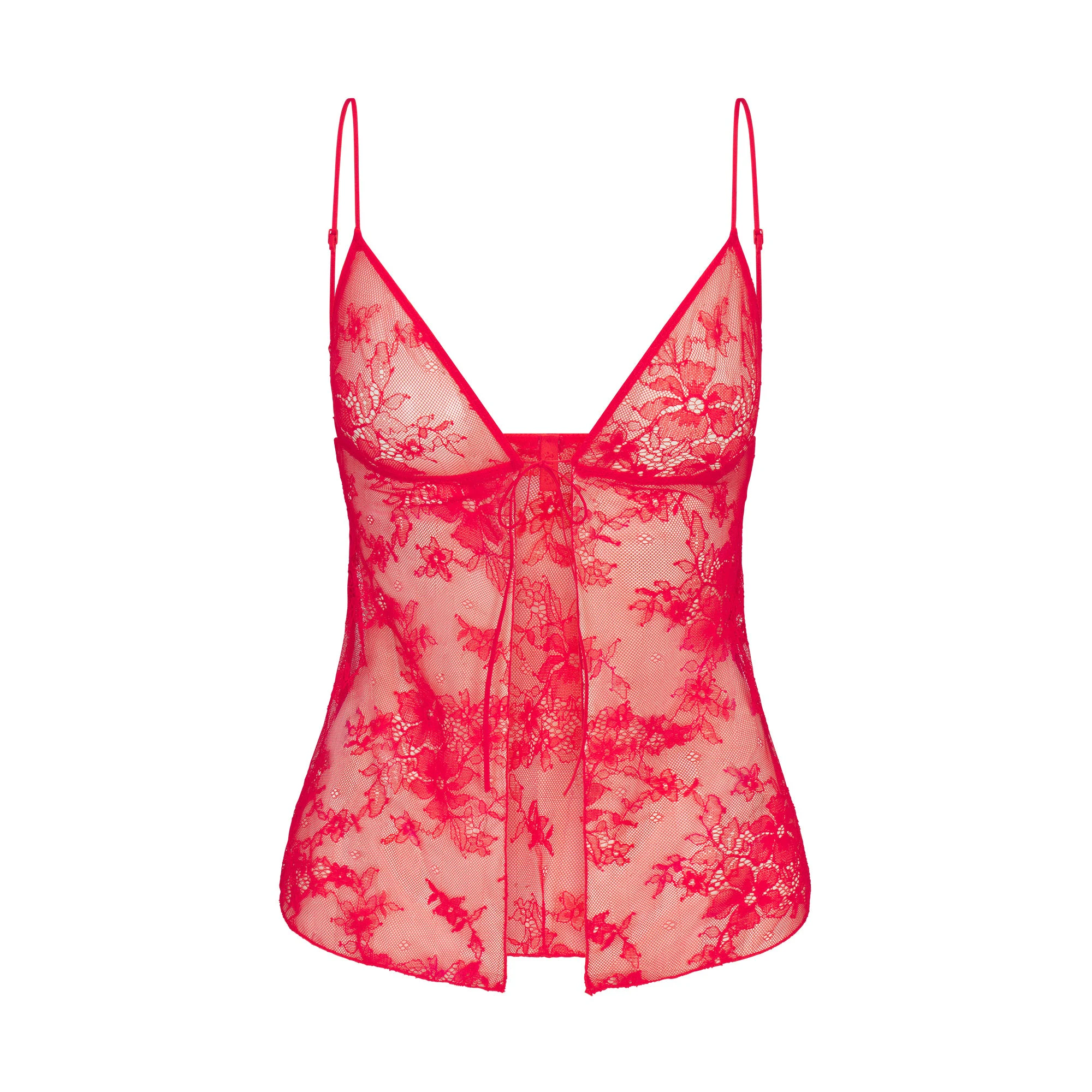ULTRA FINE LACE OPEN FRONT CAMI | RUBY FLAT ON A WHITE BACKGROUND | FLT