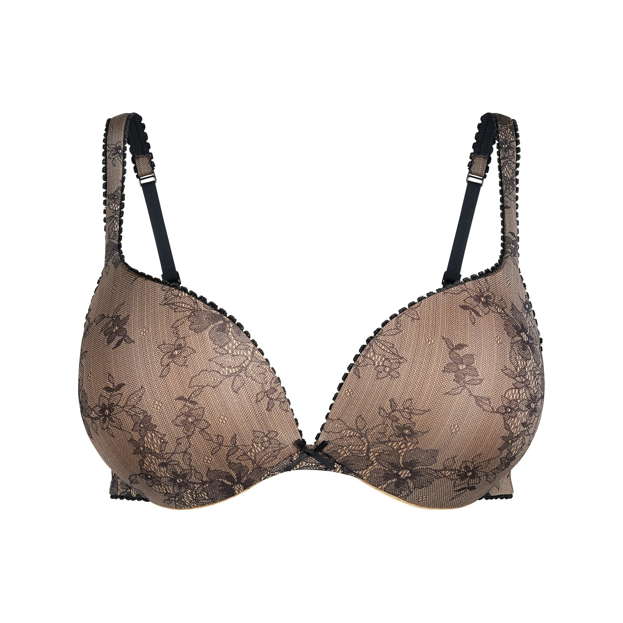 SKIMS ULTIMATE PICOT TRIM PUSH-UP BRA | CLAY ONYX LACE PRINT FLAT ON A WHITE BACKGROUND | FLT