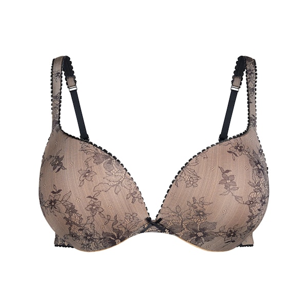 SKIMS ULTIMATE PICOT TRIM PUSH-UP BRA | CLAY ONYX LACE PRINT FLAT ON A WHITE BACKGROUND | FLT