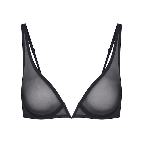 ULTRA FINE MESH DEEP PLUNGE BRA | OBSIDIAN FLAT ON A WHITE BACKGROUND | FLT