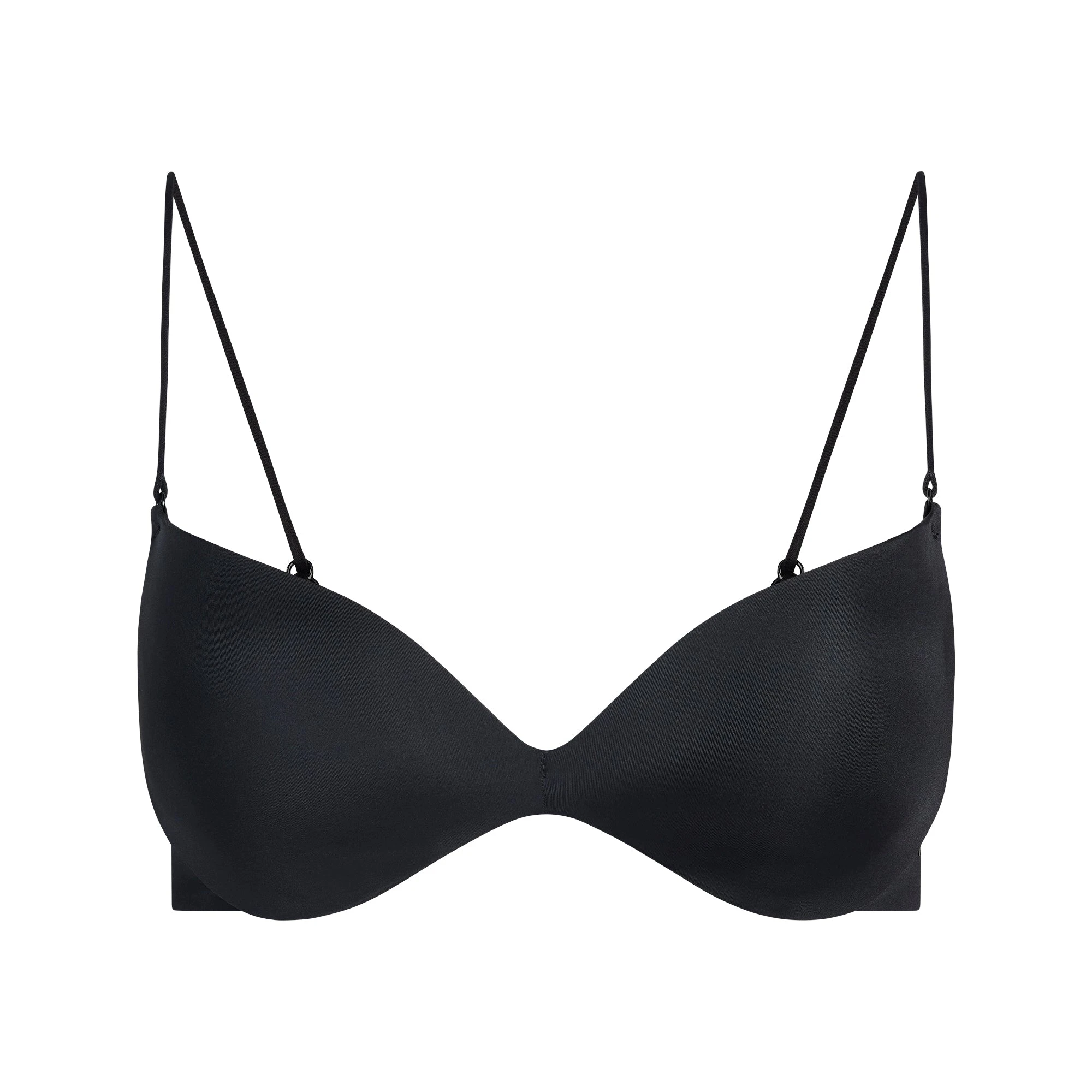 WIRELESS FORM PLUNGE MICRO STRAP BRA | ONYX FLAT ON A WHITE BACKGROUND | FLT