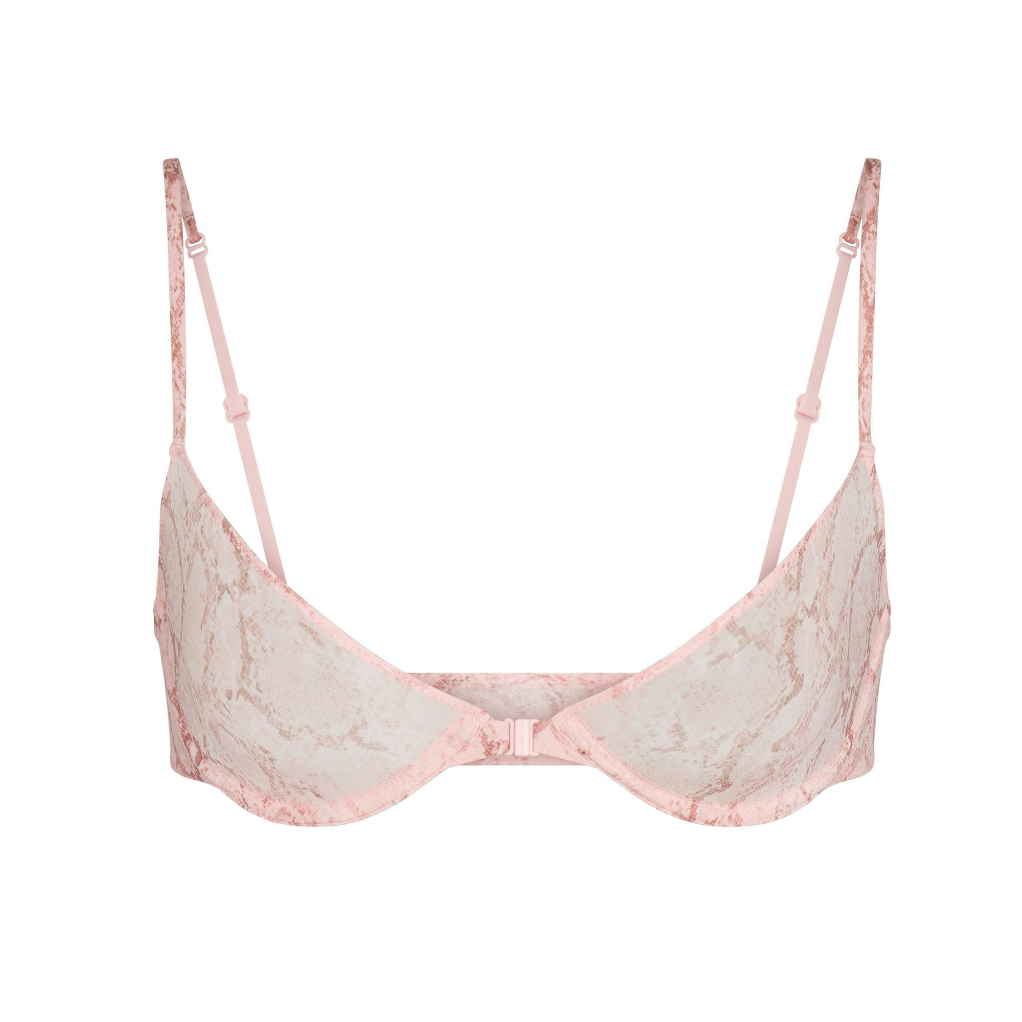 MILKY SHEER FRONT CLOSE BRA | ROSE PASTEL SNAKE PRINT FLAT ON A WHITE BACKGROUND | FLT