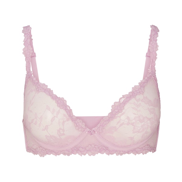 STRETCH LACE UNLINED DEMI BRA | BABY PINK LAYS FLAT ON A WHITE BACKGROUND | FLT