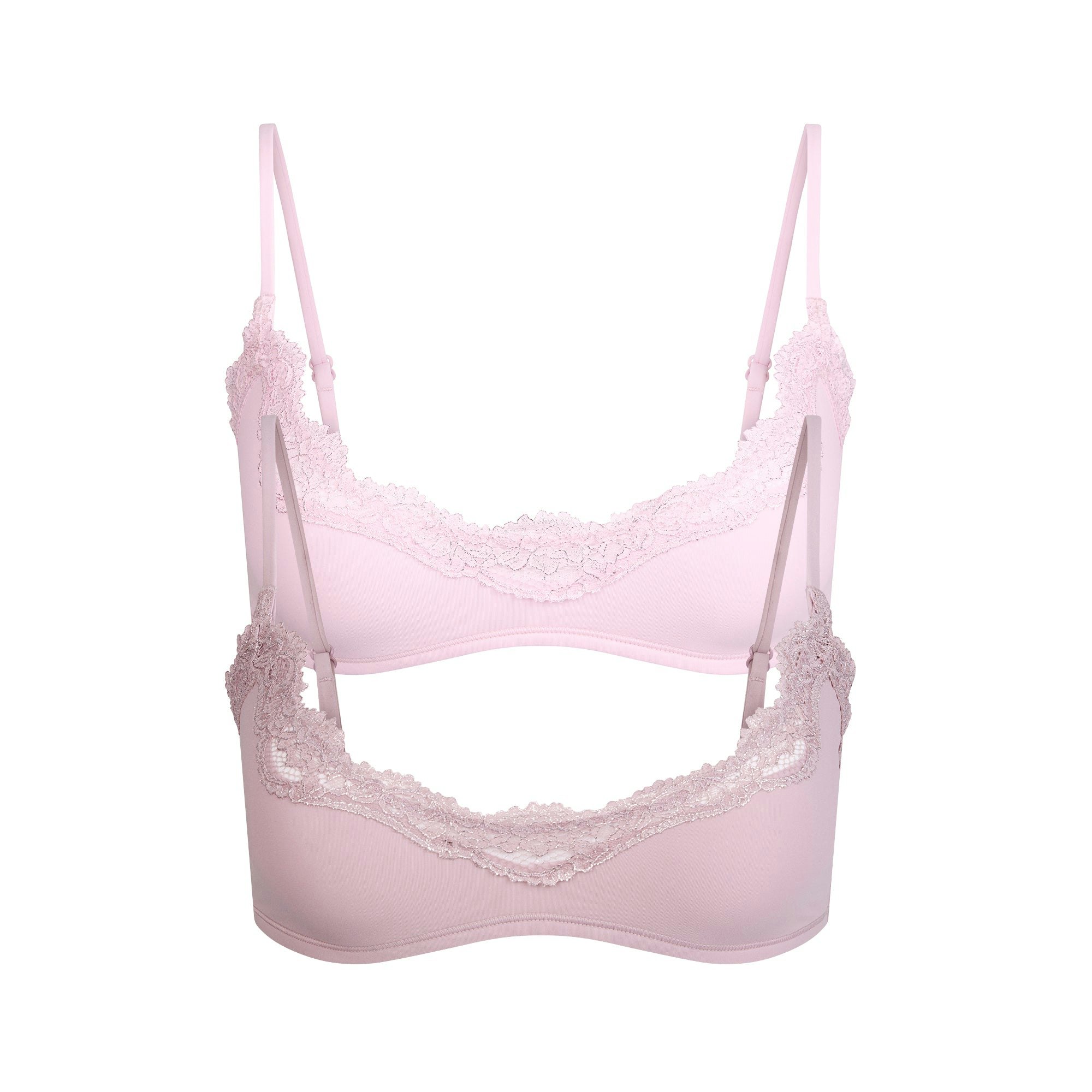 FITS EVERYBODY LACE SCOOP BRALETTE 2-PACK | CHERRY BLOSSOM AND DUSK FOIL MULTI FLAT ON A WHITE BACKGROUND | FLT @ | FOCUS: 0.9, 0.1, 0.7