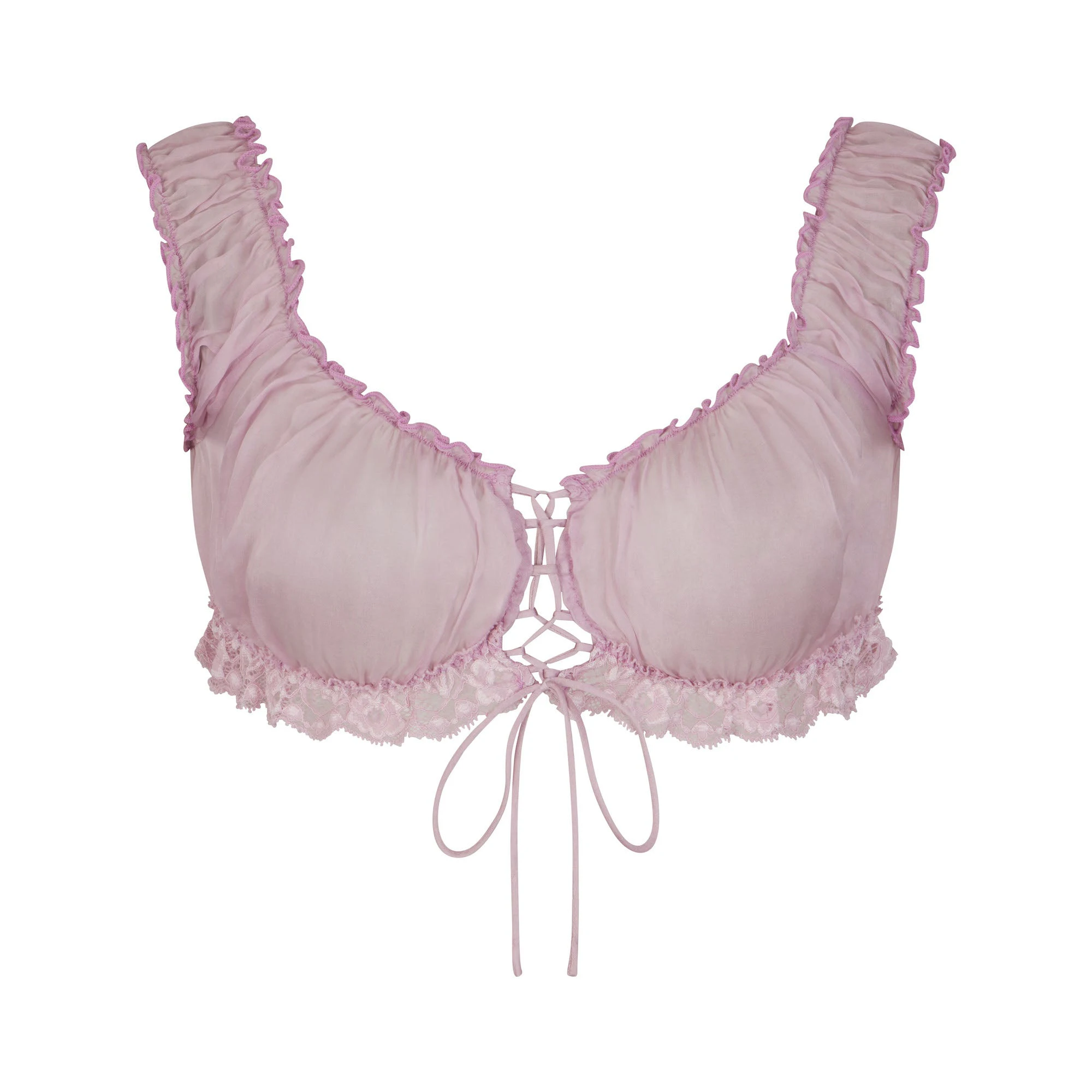 SKIMS ROMANCE LACE CROP TOP | IRIS MICA (CROP TOPS, TOPS) FLAT ON A WHITE BACKGROUND | FLT