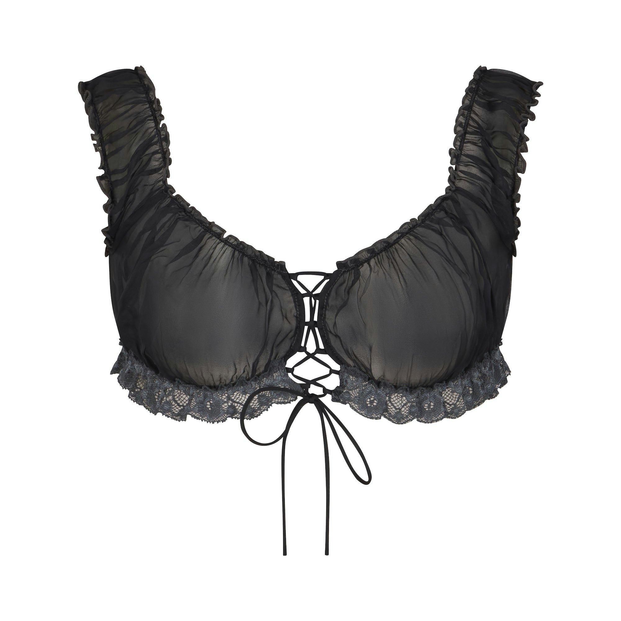 SKIMS ROMANCE LACE CROP TOP | ONYX (CROP TOPS, TOPS) FLAT ON A WHITE BACKGROUND | FLT