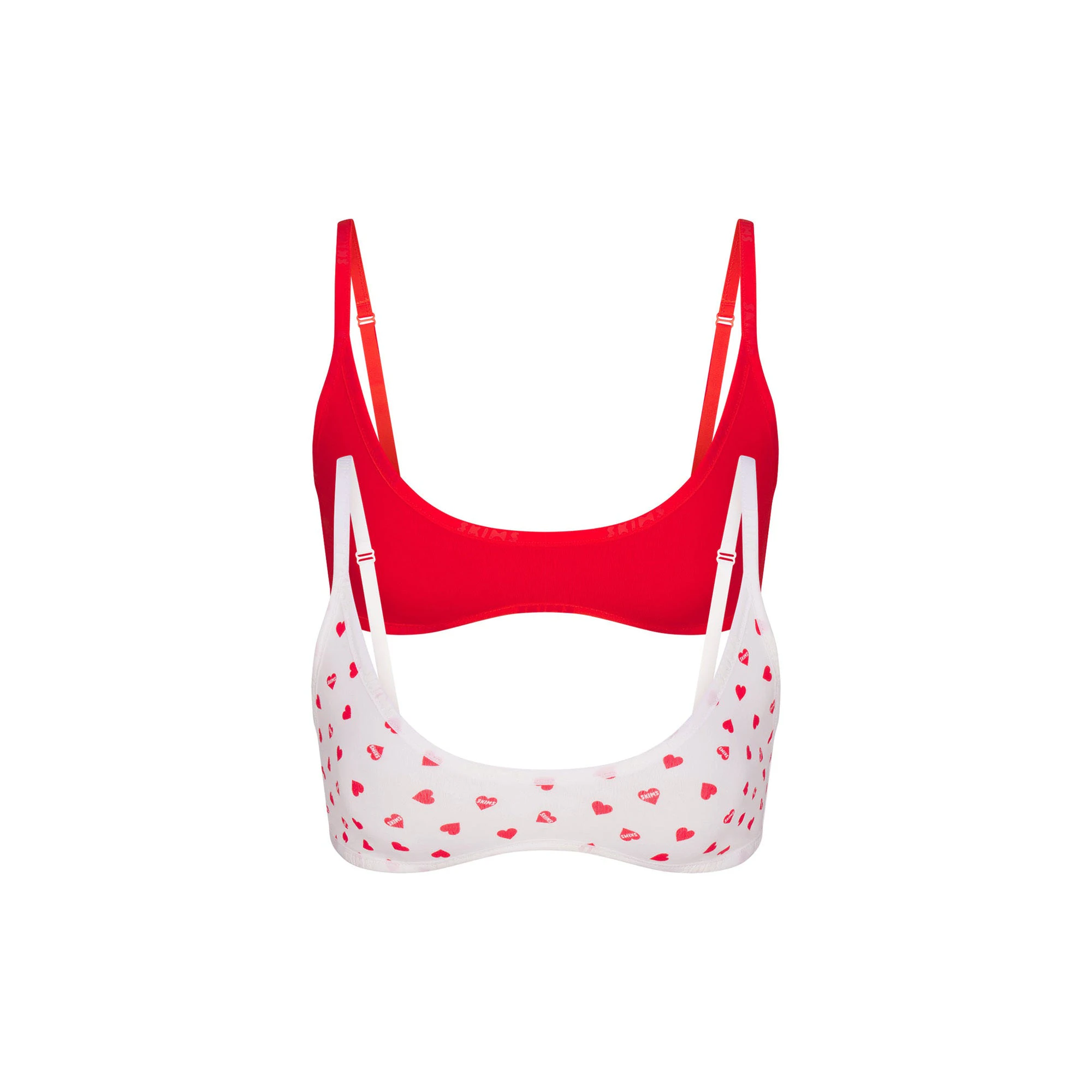 COTTON LOGO SCOOP BRALETTE 2-PACK | RUBY AND RUBY HEART LOGO PRINT FLAT ON A WHITE BACKGROUND | FOCUS: 0.0, 1.0, 0.9