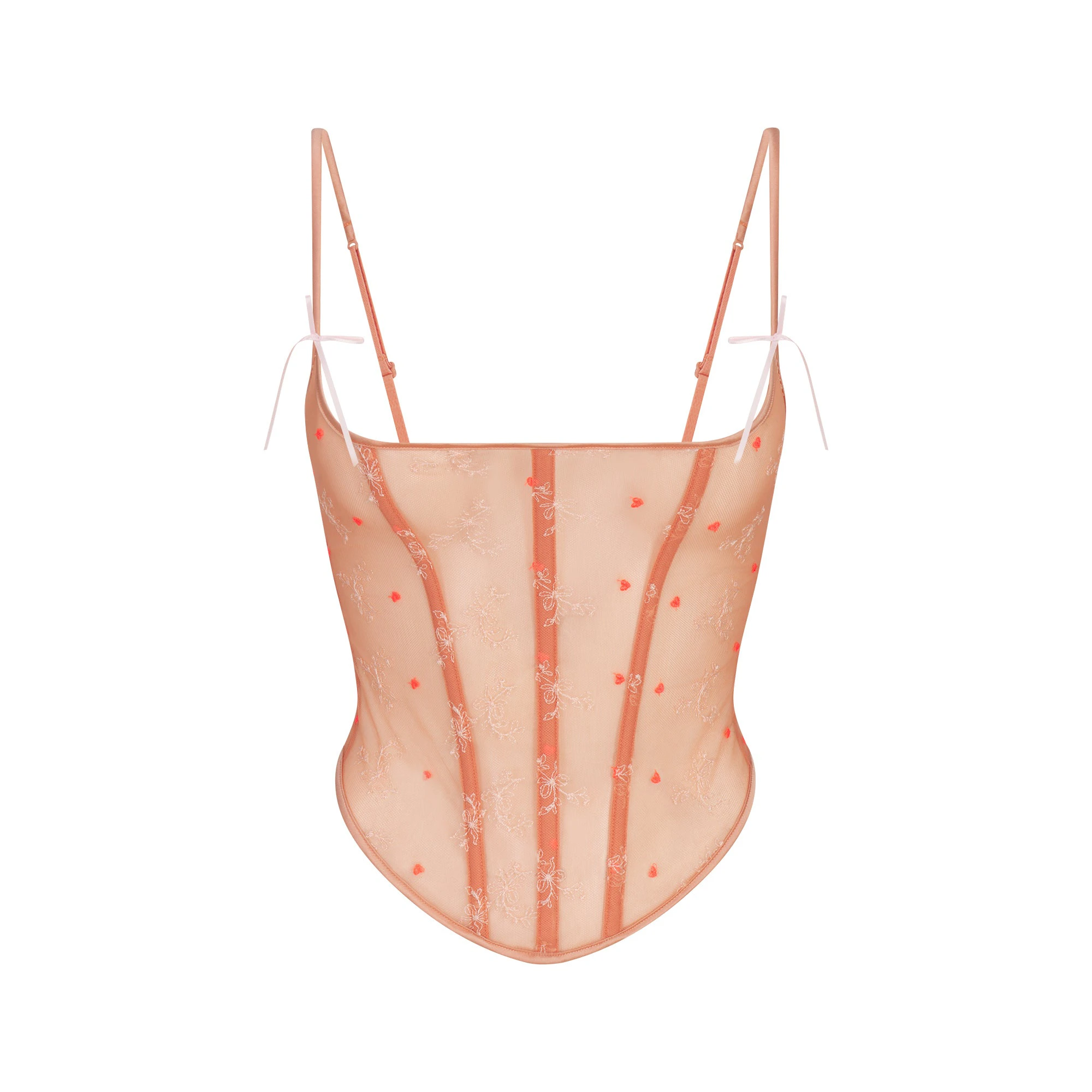 EMBROIDERED TULLE CORSET | GUAVA HEART TULLE FLAT ON A WHITE BACKGROUND | FLT