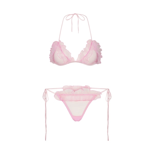 EMBROIDERED TULLE TIE BRALETTE AND THONG SET | BUBBLE GUM FLAT ON A WHITE BACKGROUND | FLT