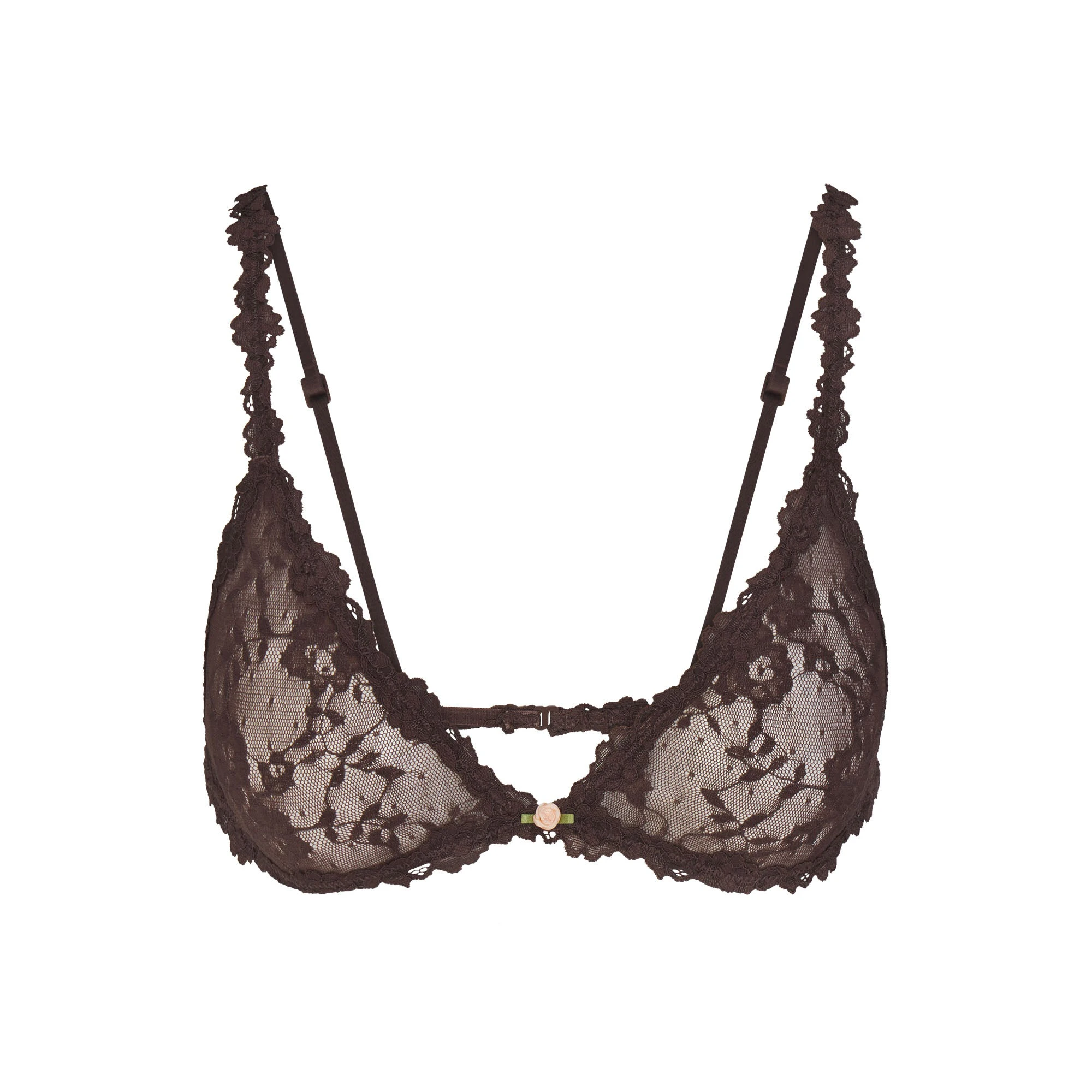 STRETCH LACE TRIANGLE BRALETTE | ESPRESSO FLAT ON A WHITE BACKGROUND | FLT