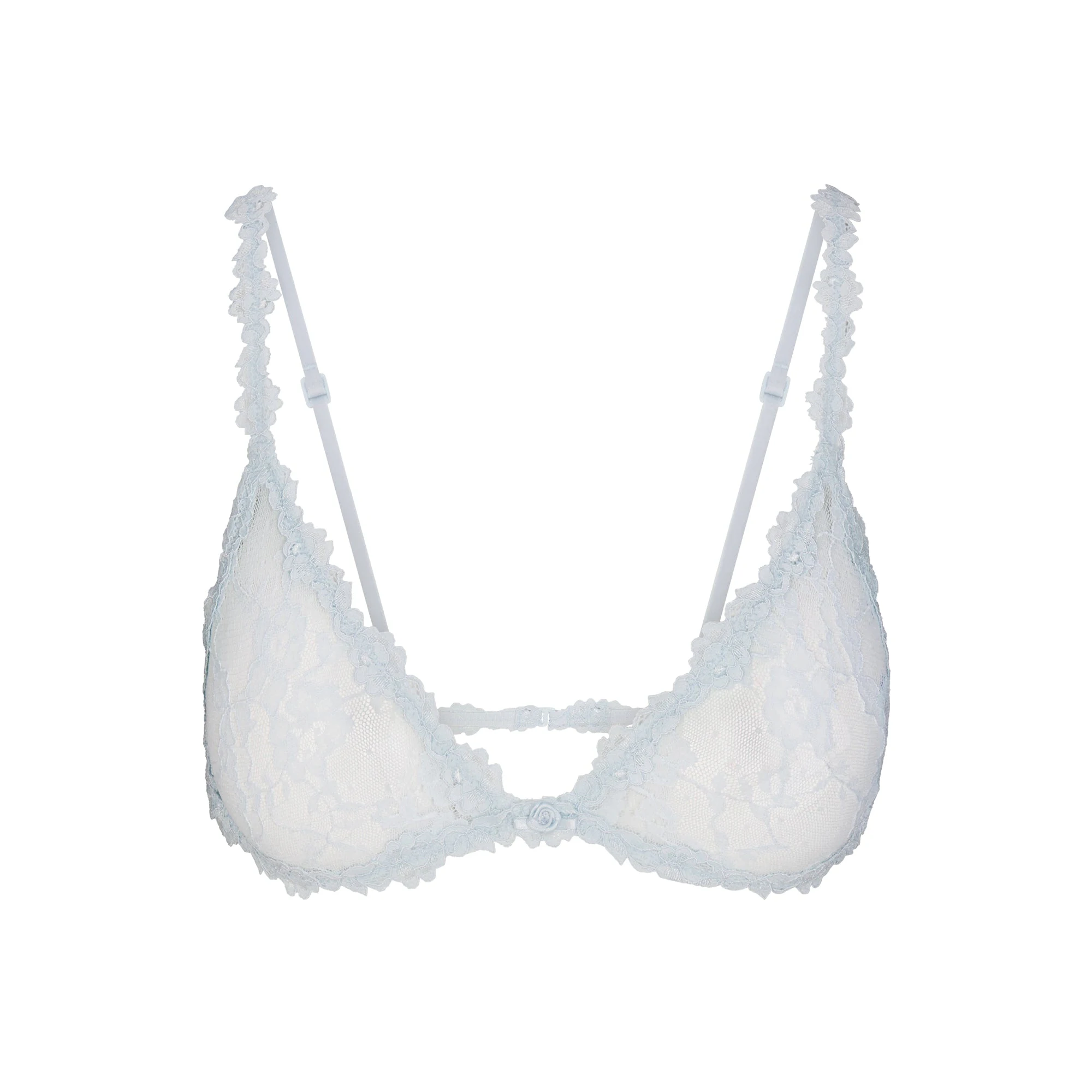 STRETCH LACE TRIANGLE BRALETTE | POWDER BLUE FLAT ON A WHITE BACKGROUND | FLT