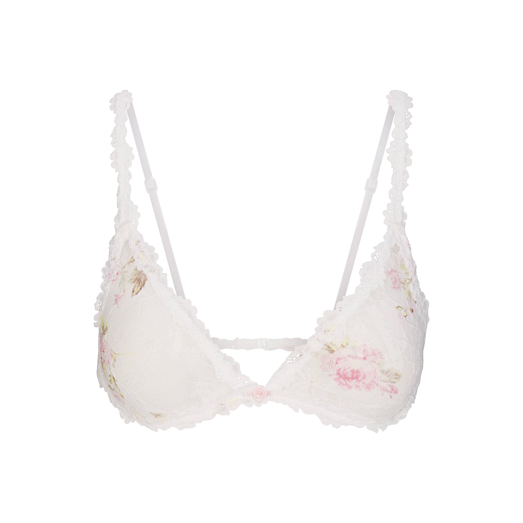 STRETCH LACE TRIANGLE BRALETTE | SNOW VINTAGE FLORAL PRINT FLAT ON A WHITE BACKGROUND | FLT @ | FOCUS: 0.0, 1.0, 0.9