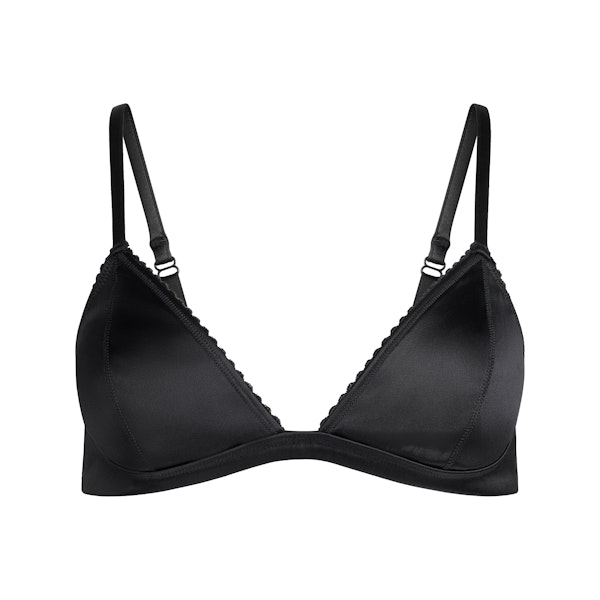 HEAVYWEIGHT SATIN TRIANGLE BRALETTE | ONYX FLAT ON A WHITE BACKGROUND | FLT