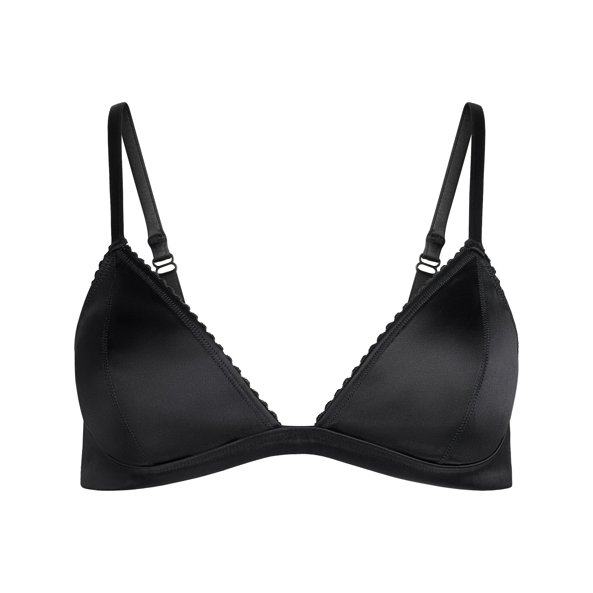 HEAVYWEIGHT SATIN TRIANGLE BRALETTE | ONYX FLAT ON A WHITE BACKGROUND | FLT