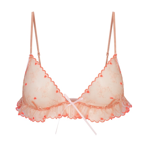 EMBROIDERED TULLE SKIMPY TRIANGLE BRALETTE | GUAVA HEART TULLE FLAT ON A WHITE BACKGROUND | FLT