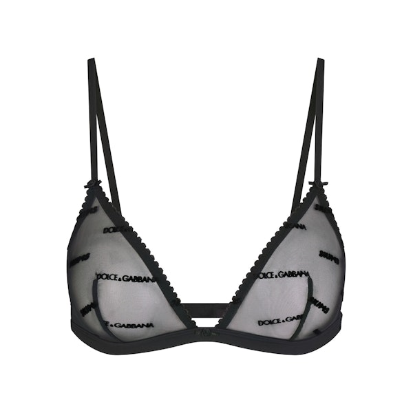 DOLCE&GABBANA X SKIMS ULTRA FINE MESH LOGO TRIANGLE BRALETTE | ONYX (TRIANGLE BRALETTES) FLAT ON A WHITE BACKGROUND | FLT