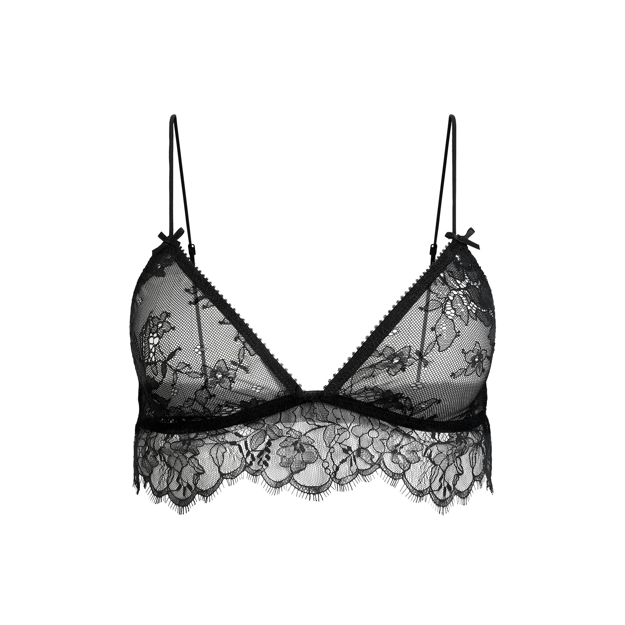 ULTRA FINE LACE TRIANGLE BRALETTE | ONYX FLAT ON A WHITE BACKGROUND | FLT