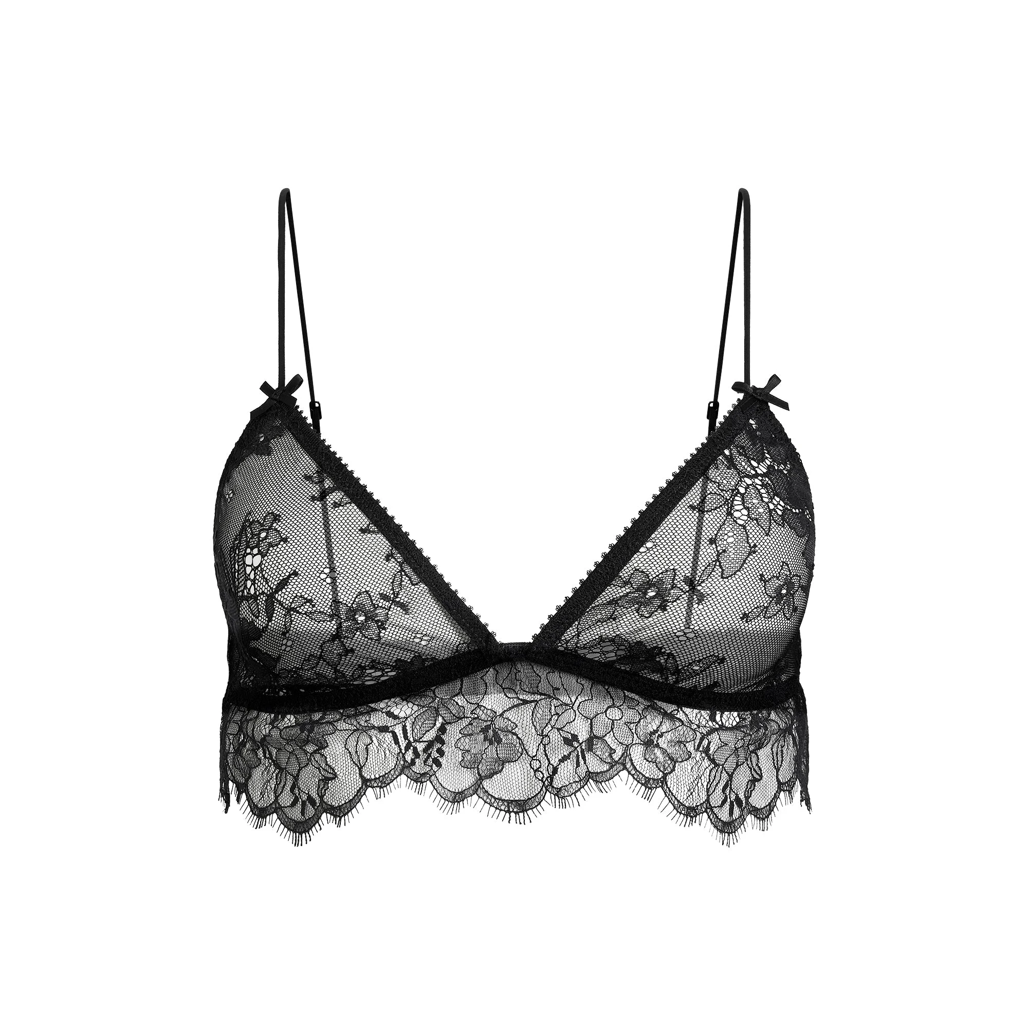 ULTRA FINE LACE TRIANGLE BRALETTE | ONYX FLAT ON A WHITE BACKGROUND | FLT