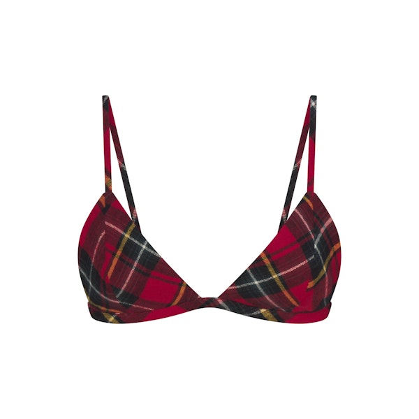 FLANNEL SLEEP TRIANGLE BRALETTE | RED HOLIDAY PLAID FLAT ON A WHITE BACKGROUND | FLT