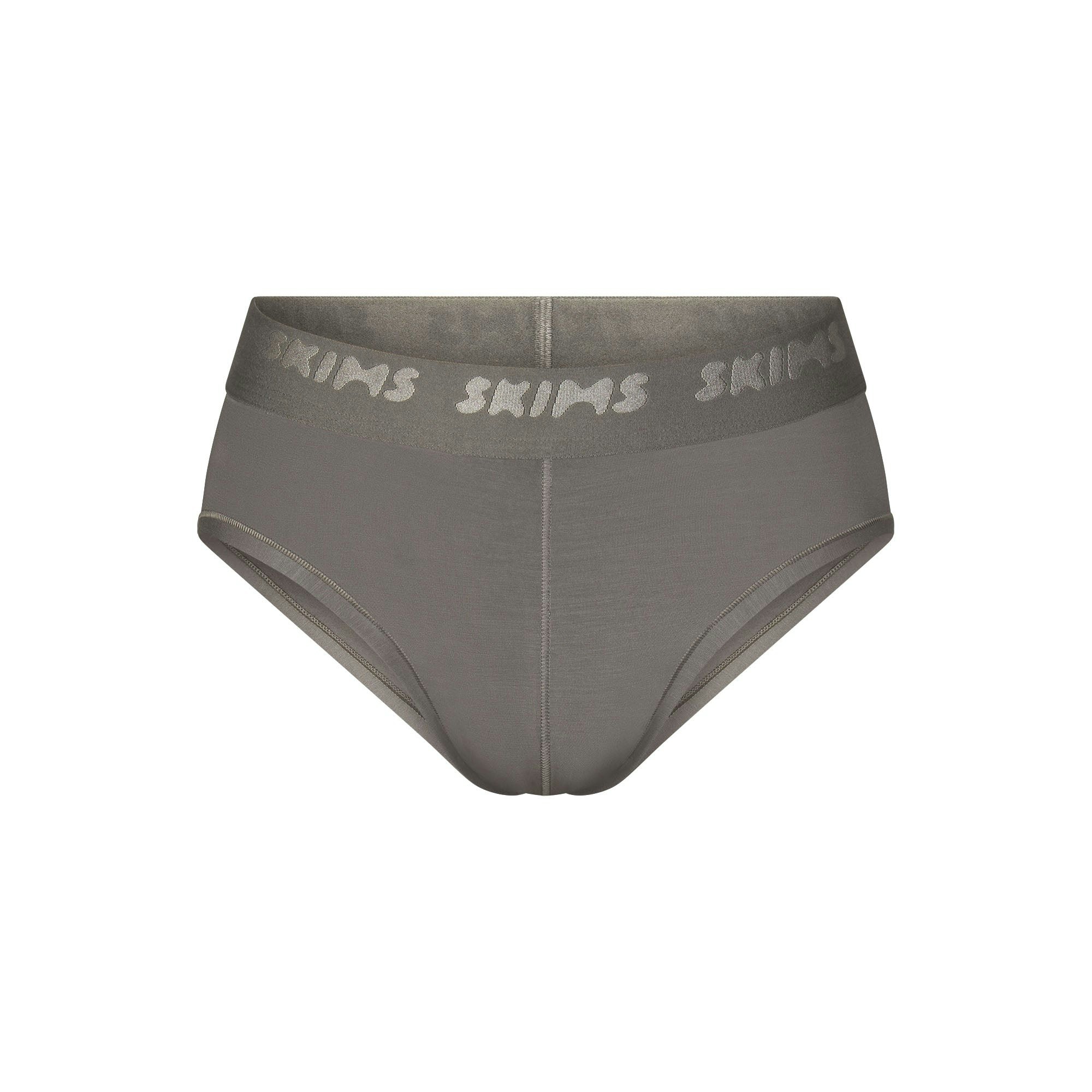 SKIMS STRETCH MENS BRIEF | GUNMETAL (MENS BRIEFS, MENS UNDERWEAR) LAYS FLAT ON A WHITE BACKGROUND | FLT