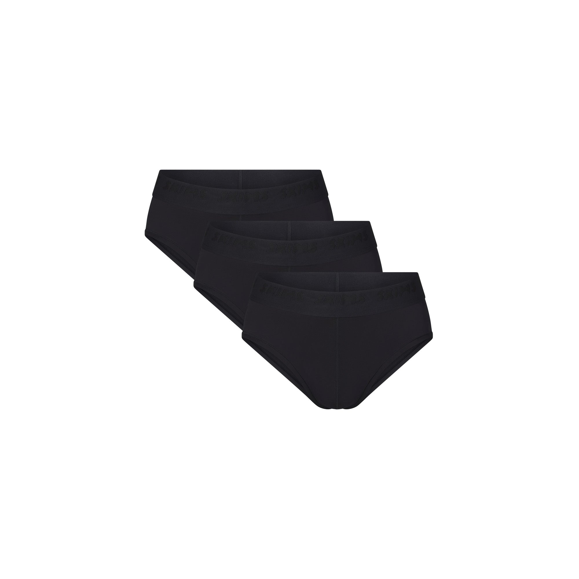 SKIMS STRETCH MENS BRIEF 3-PACK | (MENS BRIEFS, MENS UNDERWEAR) LAYS FLAT ON A WHITE BACKGROUND | FLT | FOCUS: 0.0, 1.0, 0.9