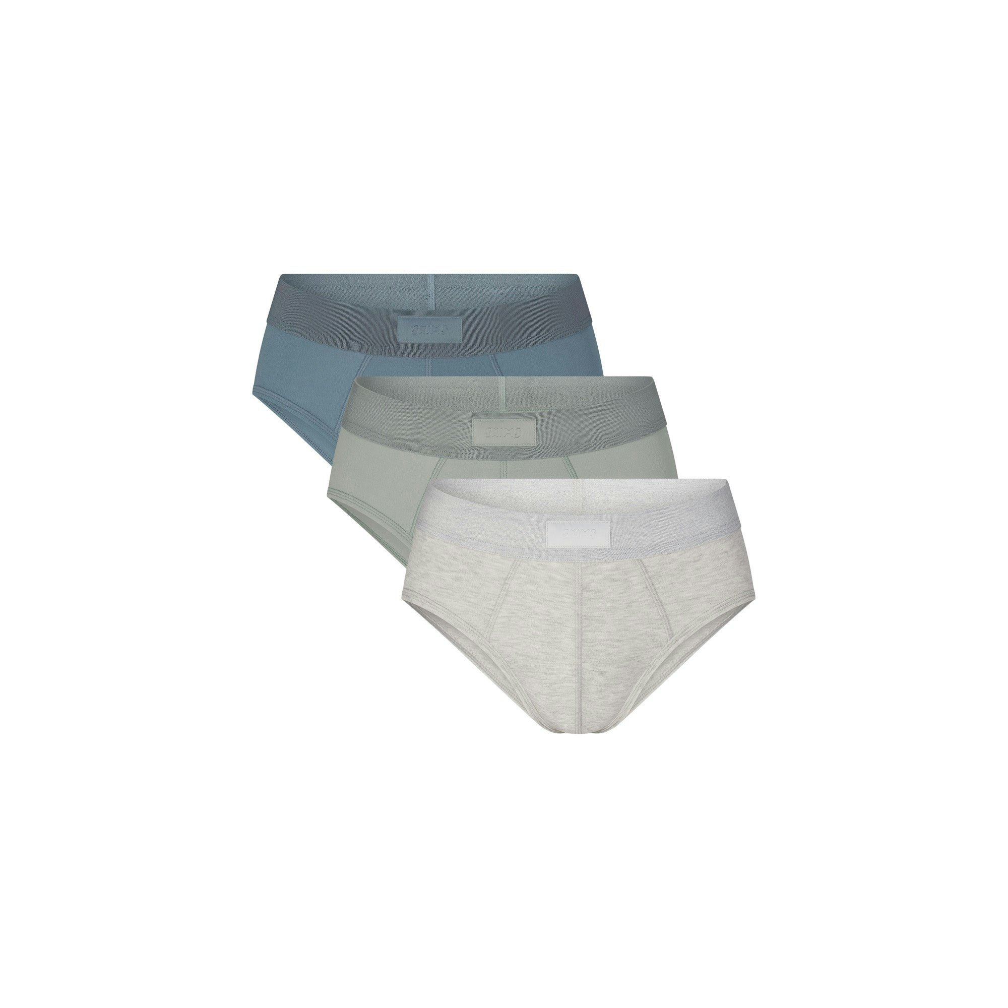 SKIMS COTTON MENS BRIEF 3-PACK | MINERAL MULTI (MENS BRIEFS, MENS UNDERWEAR) LAYS FLAT ON A WHITE BACKGROUND | FLT  | FOCUS: 0.0, 1.0, 0.9