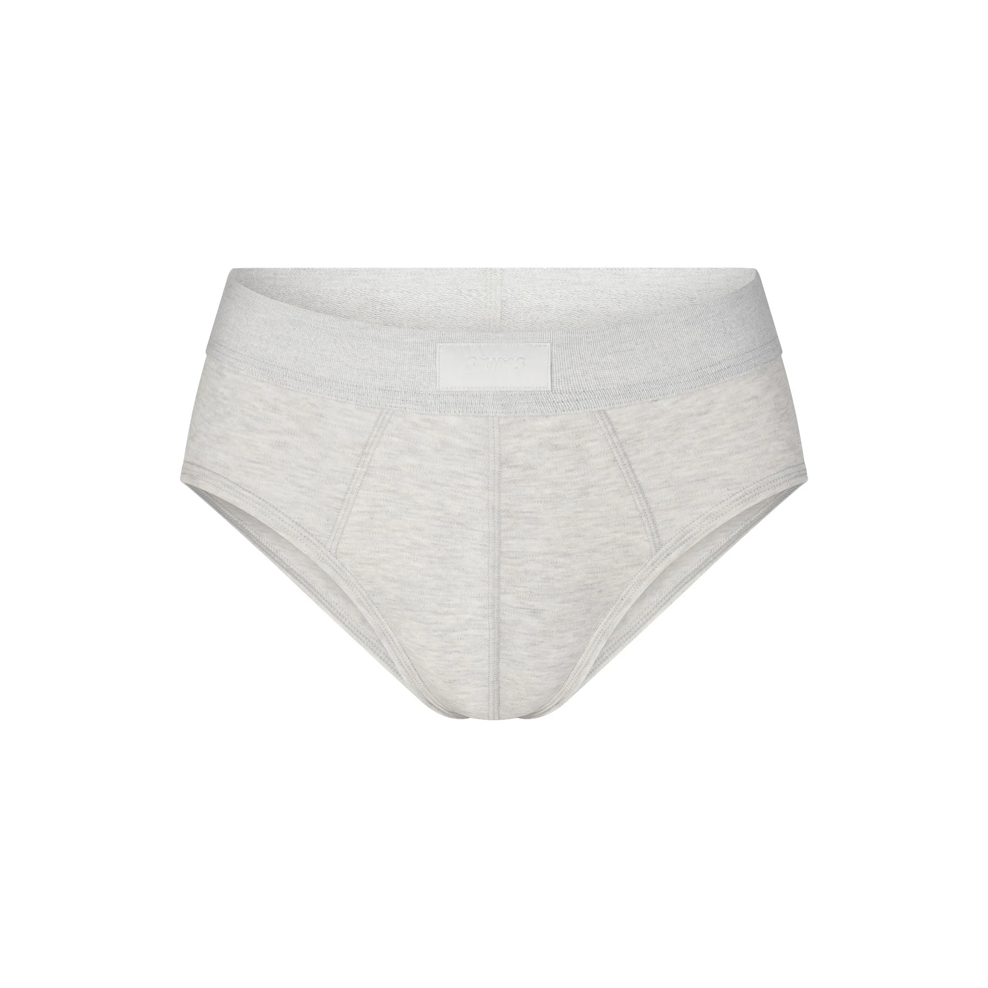 SKIMS COTTON MENS BRIEF | LIGHT HEATHER GREY (MENS BRIEFS, MENS UNDERWEAR) LAYS FLAT ON A WHITE BACKGROUND | FLT