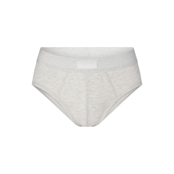 SKIMS COTTON MENS BRIEF | LIGHT HEATHER GREY (MENS BRIEFS, MENS UNDERWEAR) LAYS FLAT ON A WHITE BACKGROUND | FLT