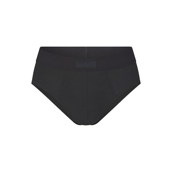 SKIMS COTTON MENS BRIEF | ONYX (MENS BRIEFS, MENS UNDERWEAR) LAYS FLAT ON A WHITE BACKGROUND | FLT