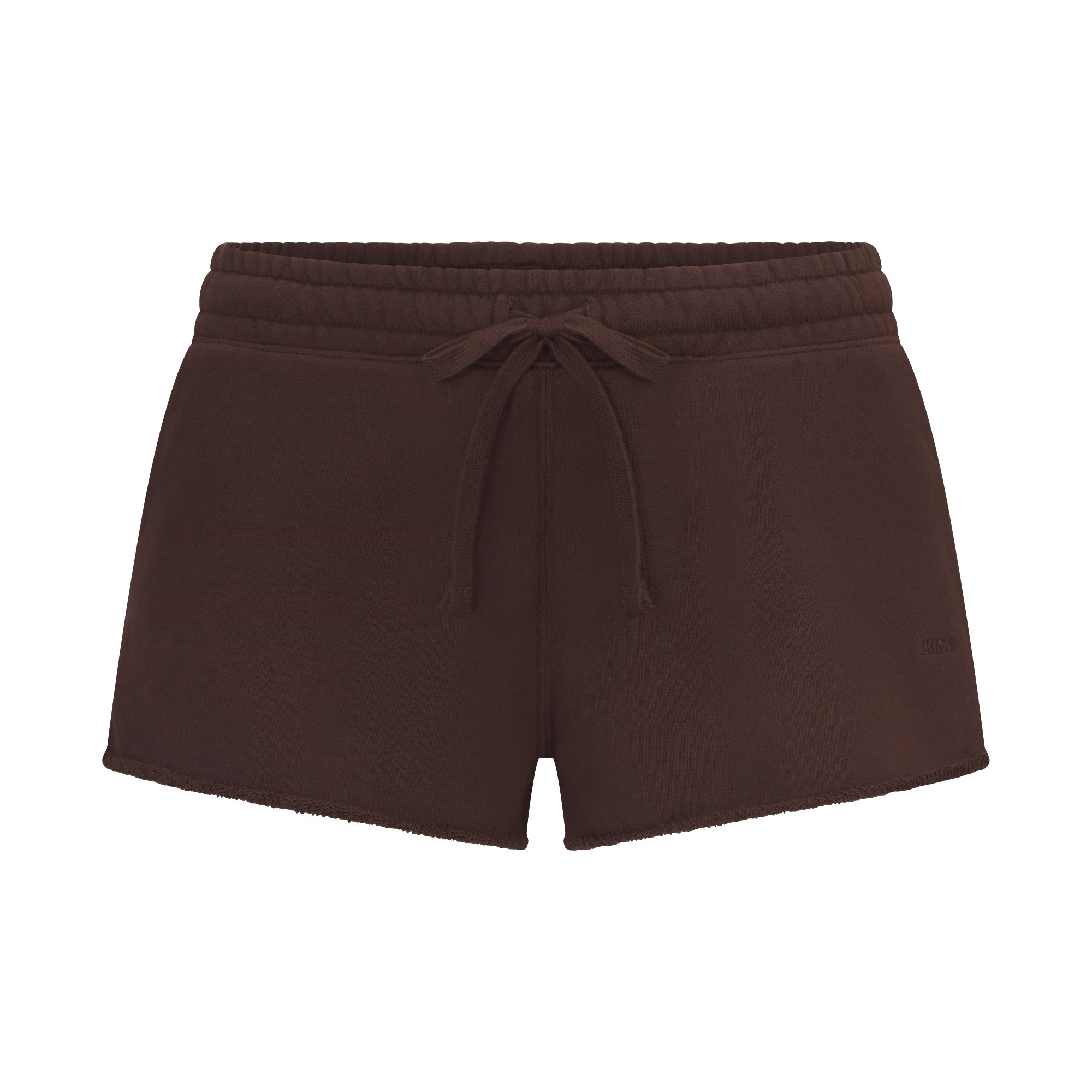 FRENCH TERRY RAW EDGE SHORT | ESPRESSO LAYS FLAT ON A WHITE BACKGROUND | FLT