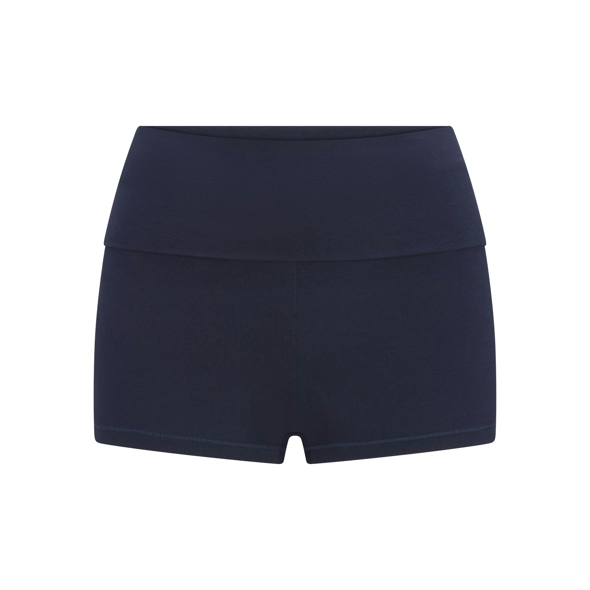 COTTON JERSEY FOLDOVER SHORT | NAVY LAYS FLAT ON A WHITE BACKGROUND | FLT