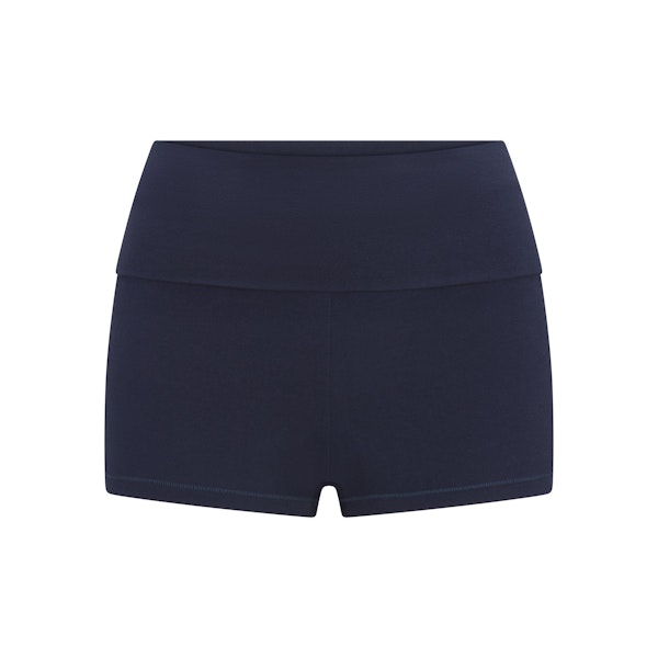 COTTON JERSEY FOLDOVER SHORT | NAVY LAYS FLAT ON A WHITE BACKGROUND | FLT