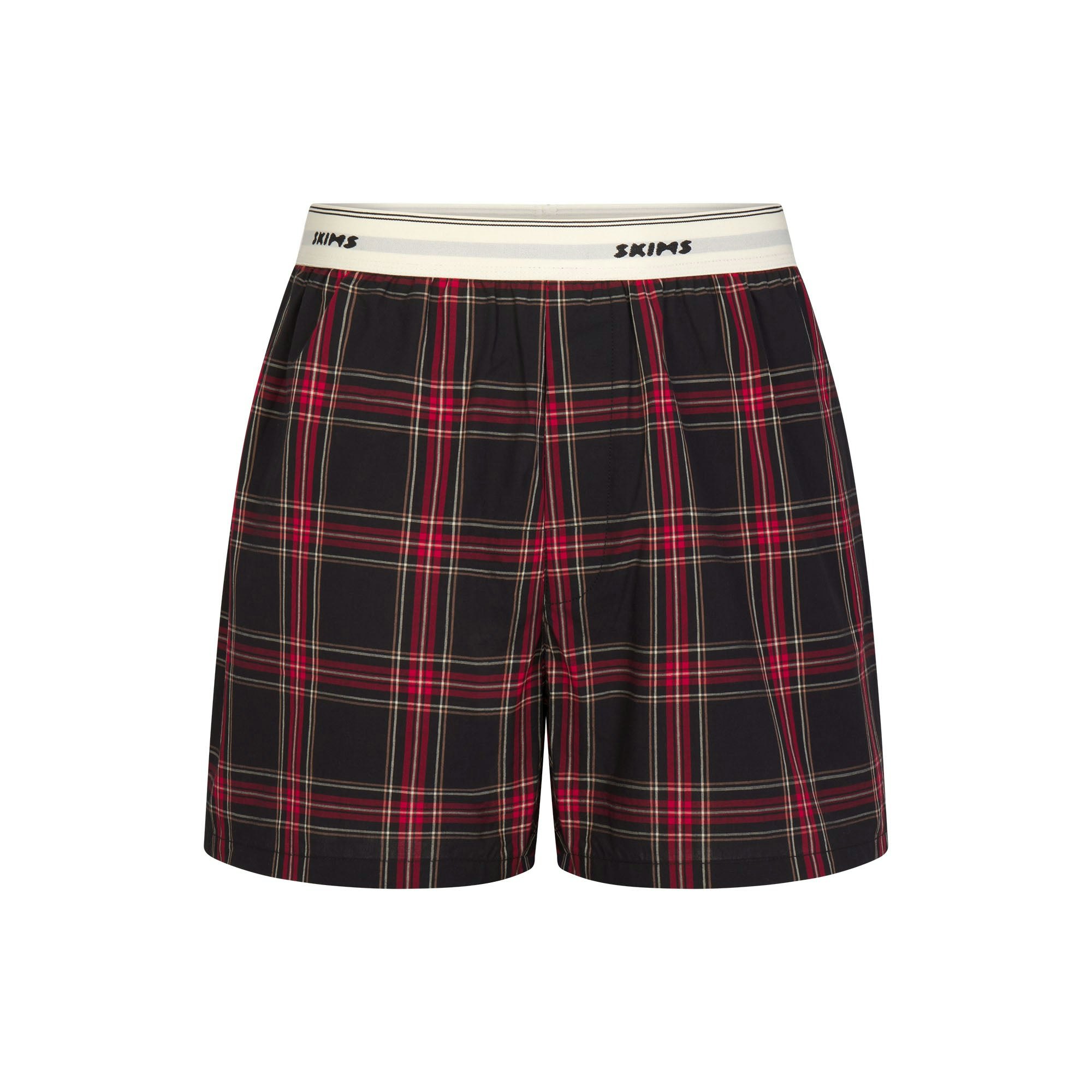 COTTON POPLIN MENS LOGO BAND BOXER | ASH RED PLAID FLAT ON A WHITE BACKGROUND