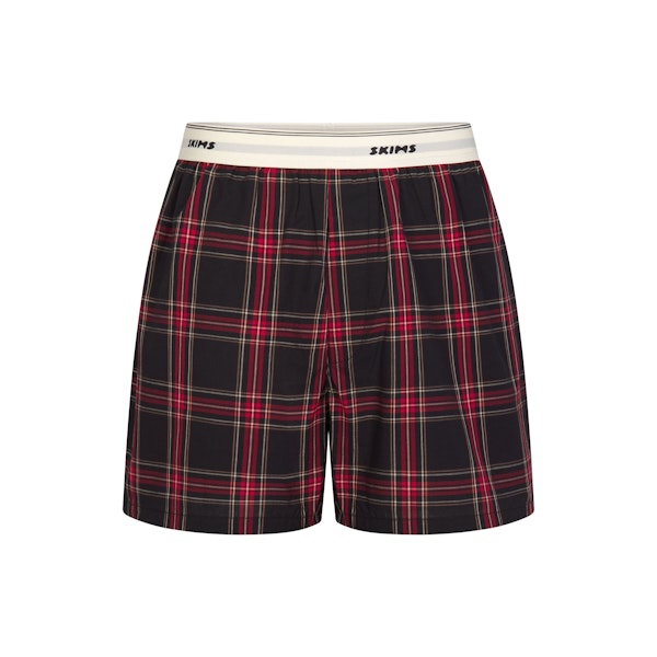 COTTON POPLIN MENS LOGO BAND BOXER | ASH RED PLAID FLAT ON A WHITE BACKGROUND