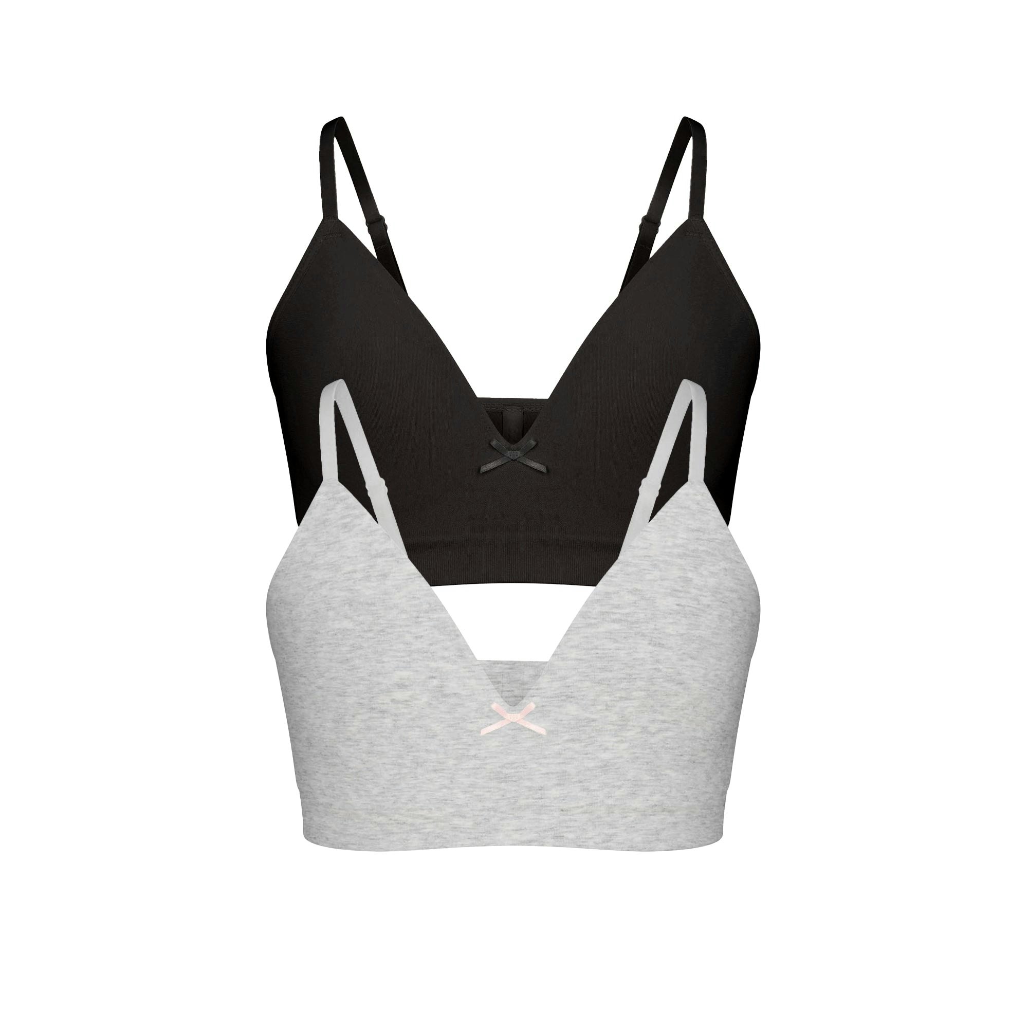 COTTON SEAMLESS GIRLS BRA 2-PACK | LIGHT HEATHER GREY AND SOOT FLAT ON A WHITE BACKGROUND @ | FLT