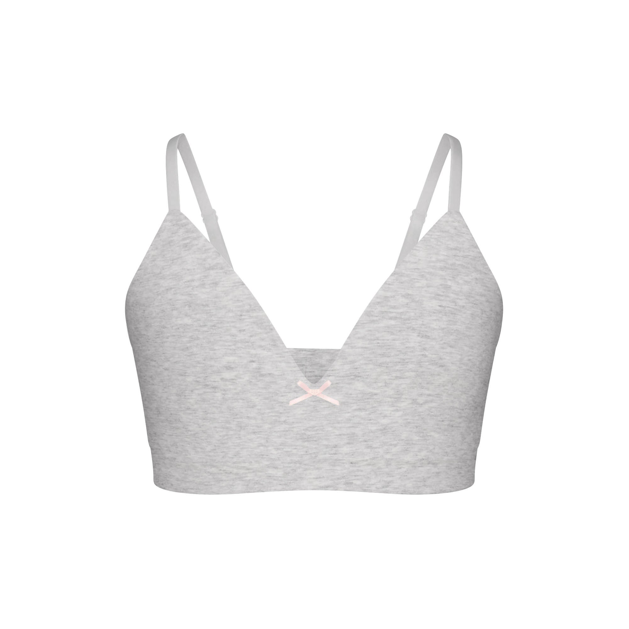 COTTON SEAMLESS GIRLS BRA 2-PACK | LIGHT HEATHER GREY AND SOOT FLAT ON A WHITE BACKGROUND @ | FLT