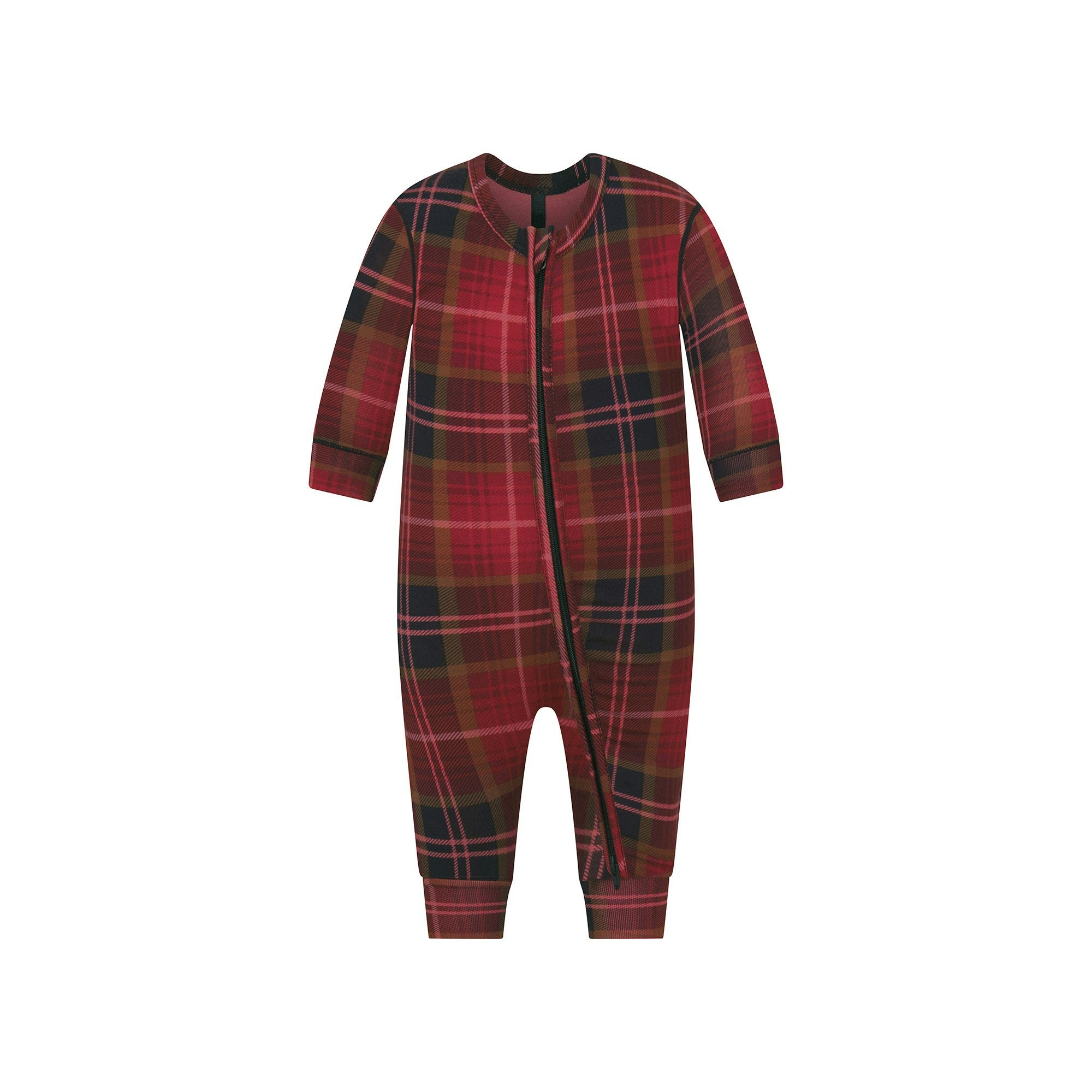 SKIMS SLEEP BABY ONESIE | CRANBERRY PLAID FLAT ON A WHITE BACKGROUND | FLT